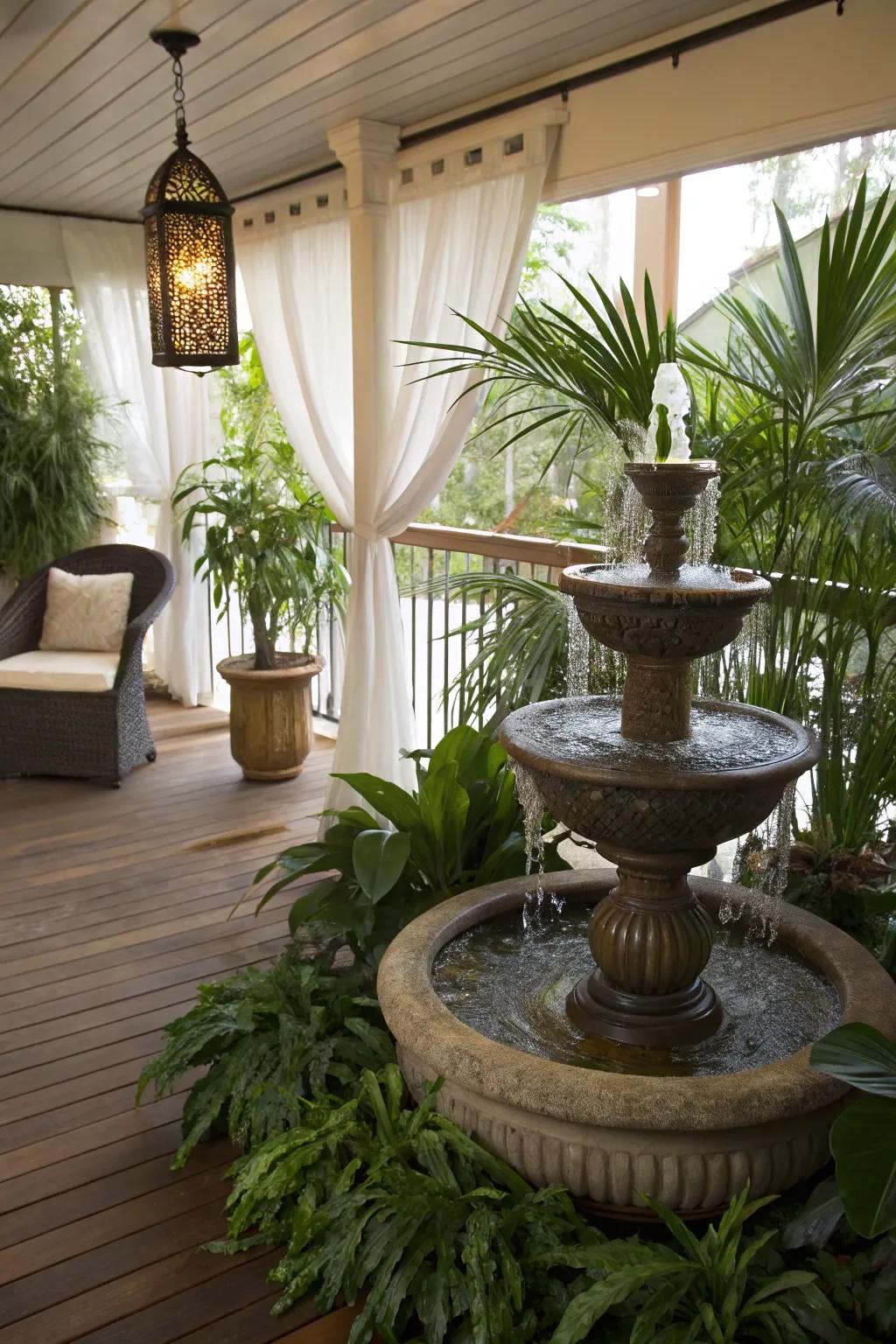 This deck is given peace and quiet by an indoor water feature.