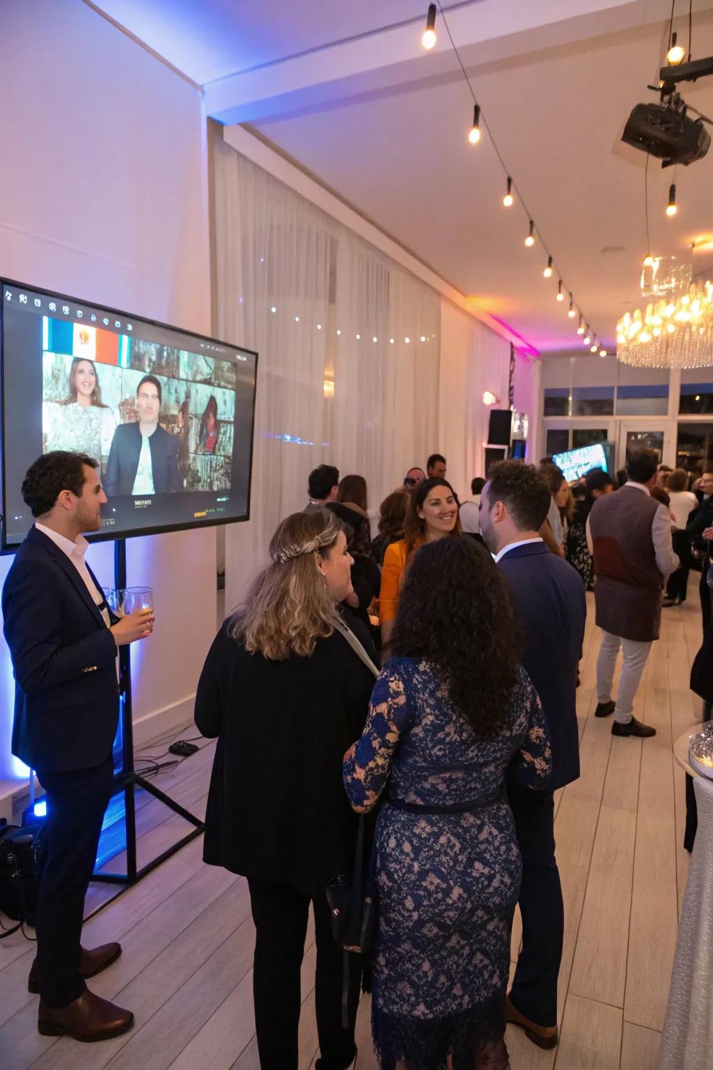 A modern interior party showcasing digital guest arrivals.