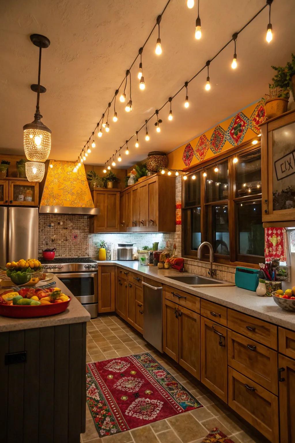 An eclectic mix of lighting styles builds a personalized, unique cooking space atmosphere.