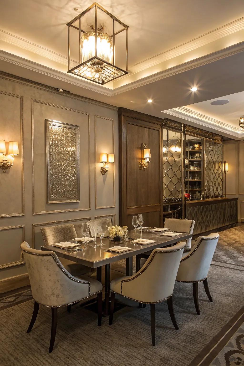 Metallic accents that add a luxurious touch to the dining zone.