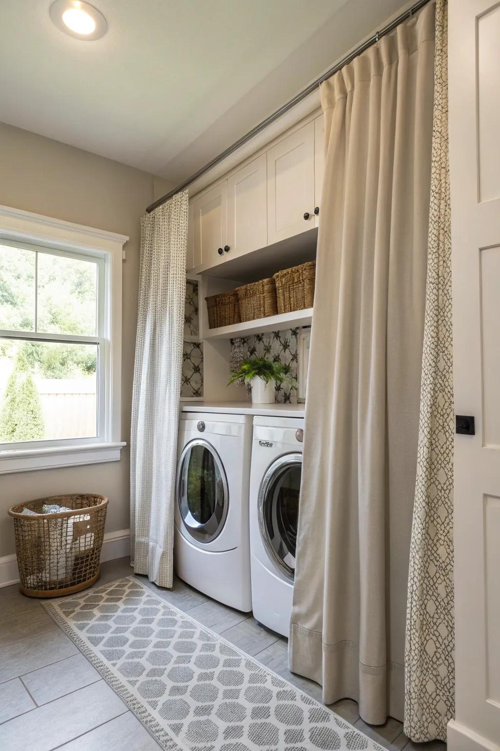 Curtains offer a simple solution to conceal laundry appliances.