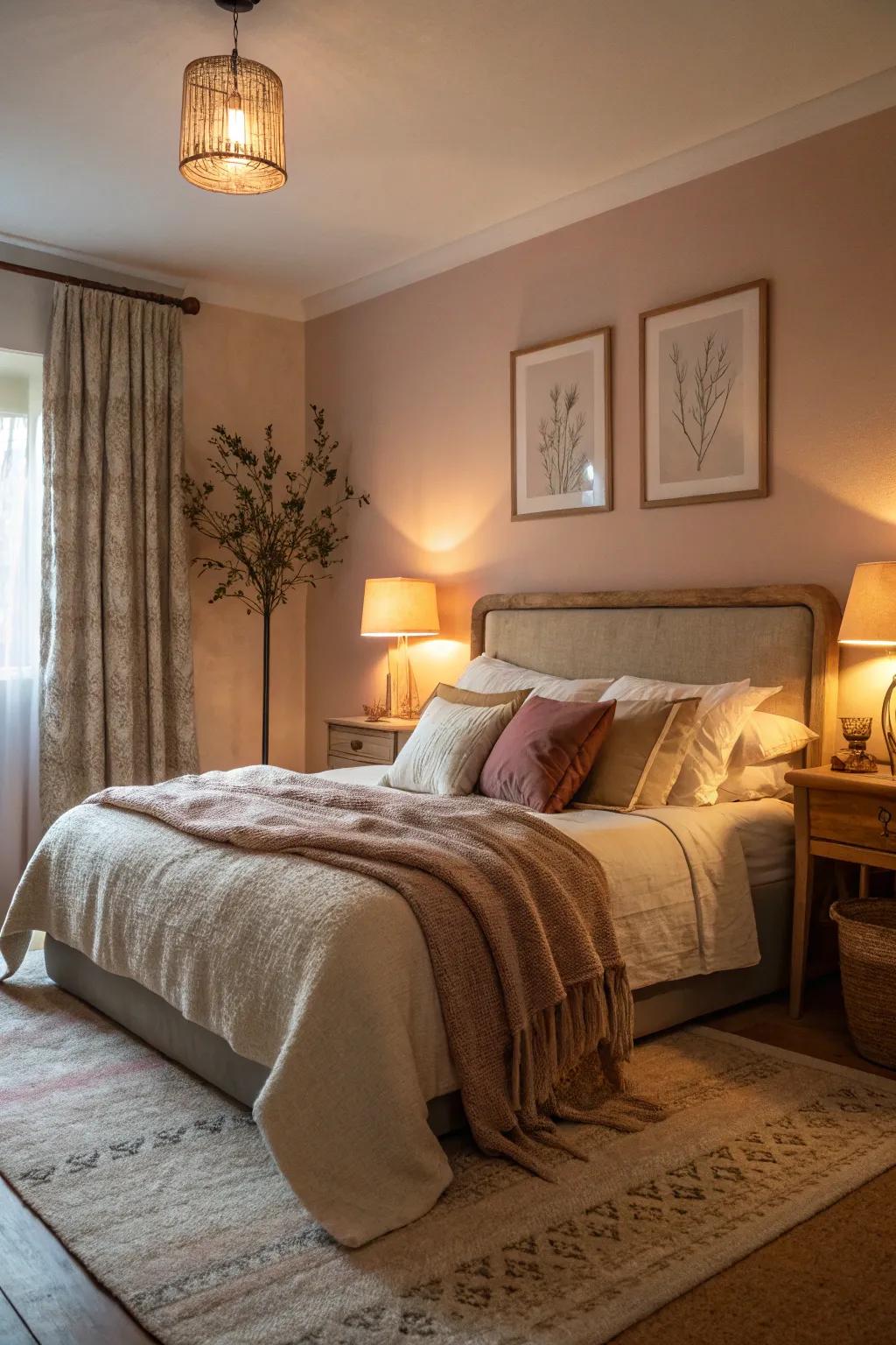 Surrounding illumination painting a snug glow over the layered bedclothes.