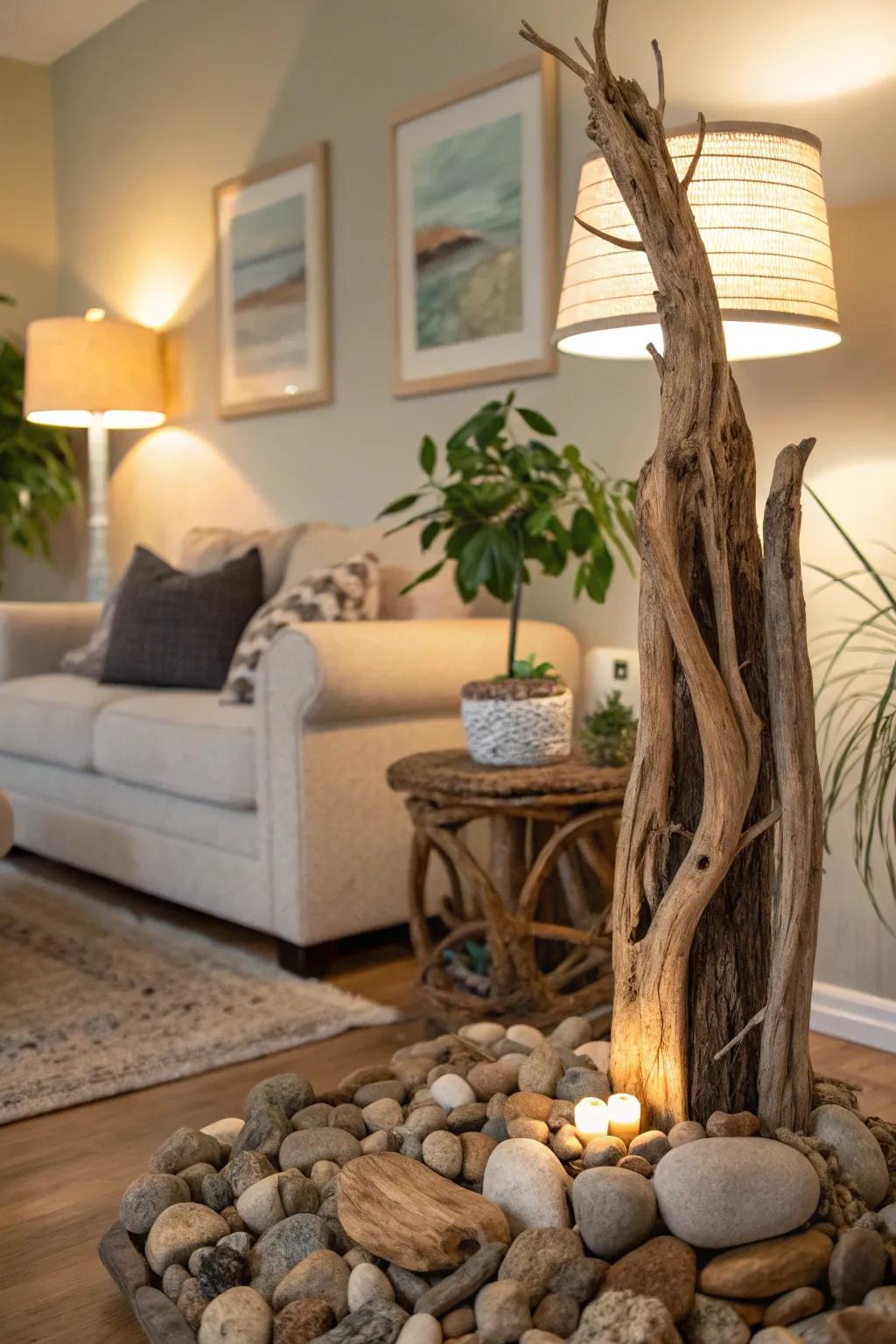 Natural elements like driftwood add an earthy touch to a corner.