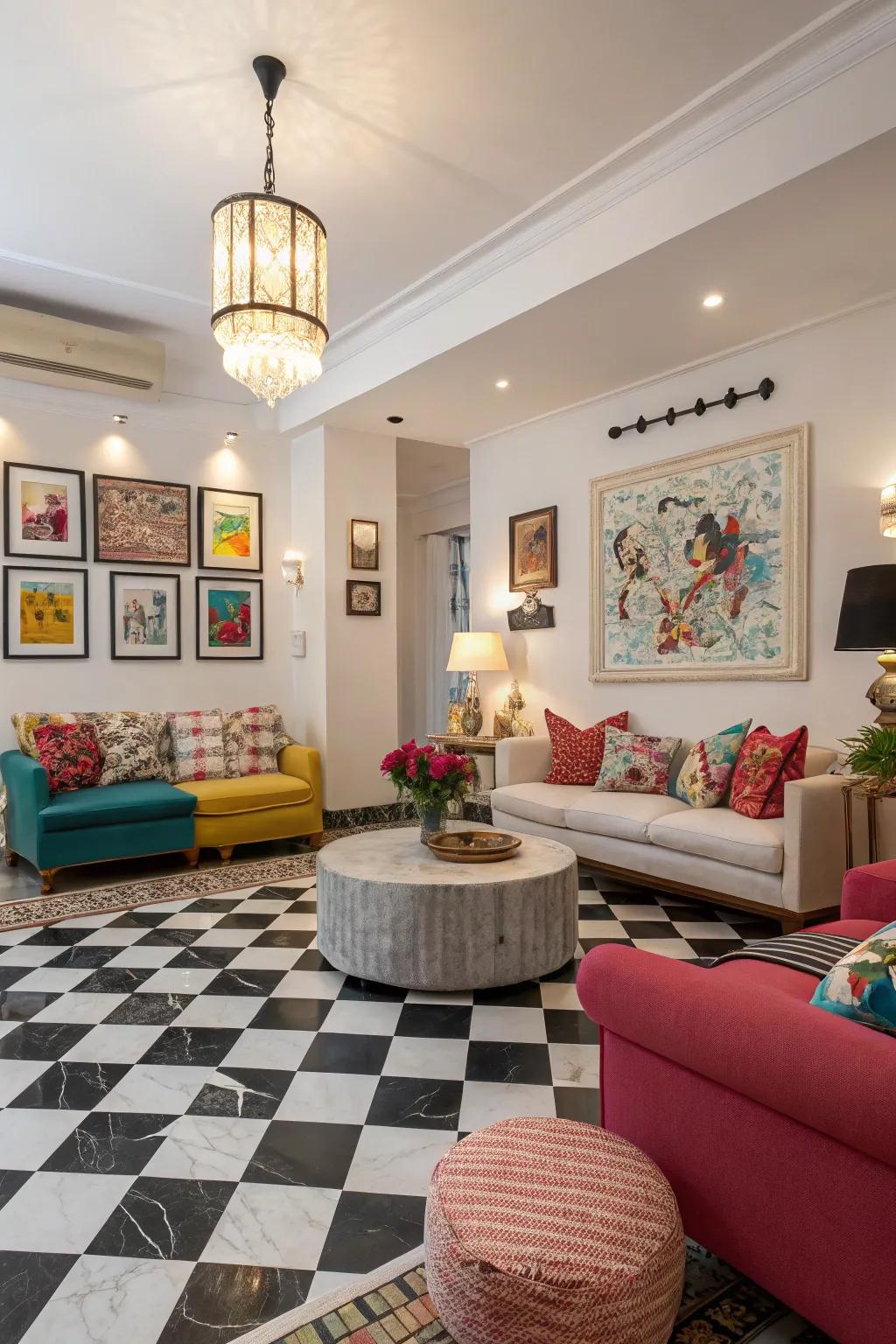 Checkerboard tile flooring introduces a playful yet sophisticated element.