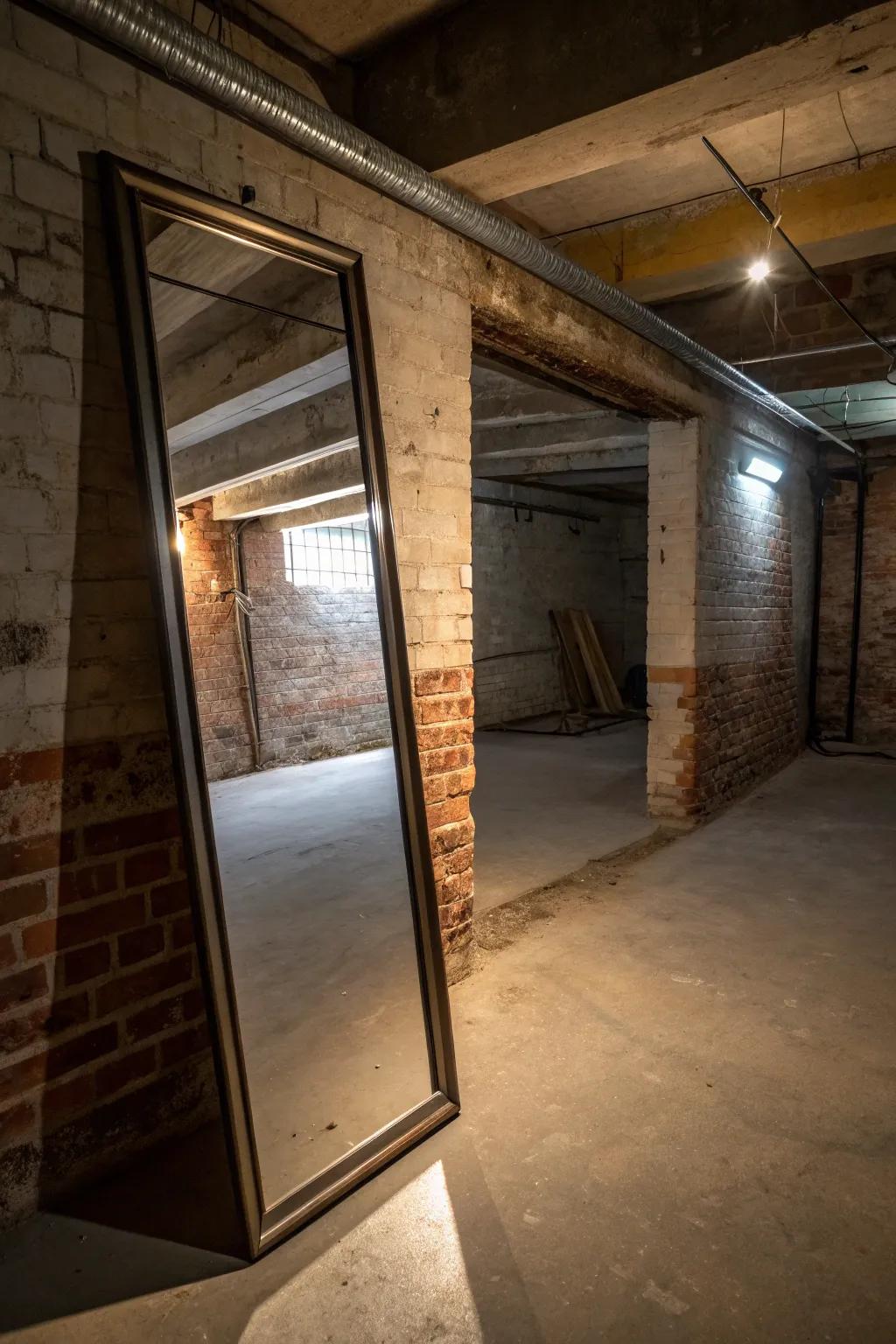 Full-sized mirrors add height and brightness to the basement.