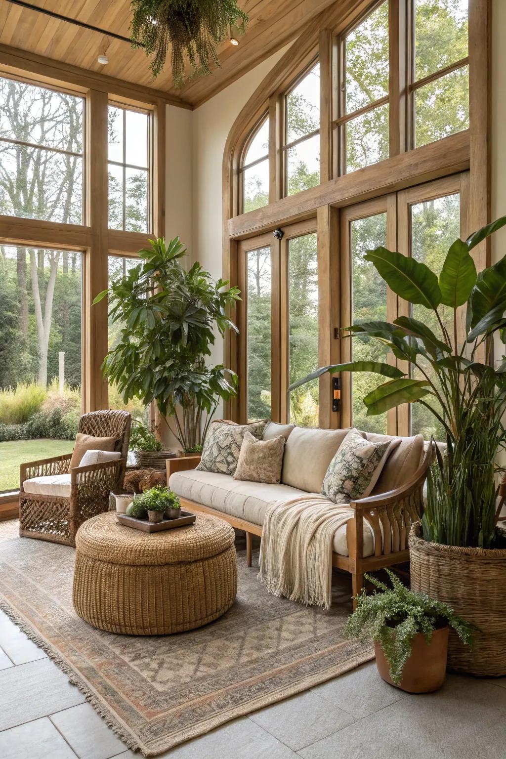 Nature-inspired design brings a touch of nature to this lavish living room.