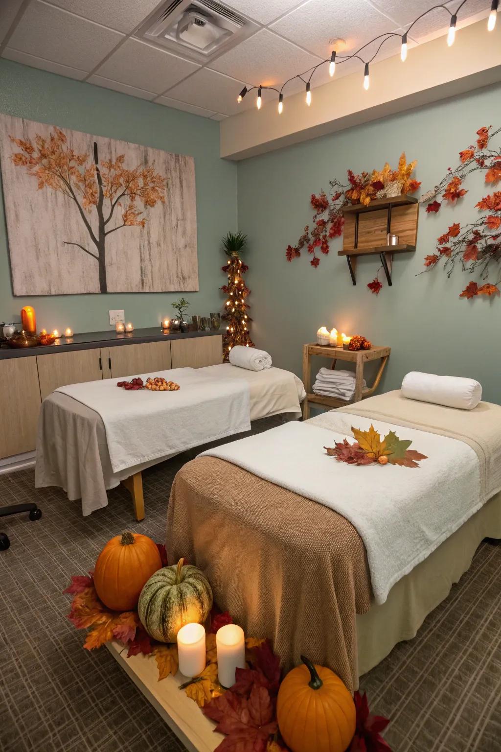 A massage room updated with seasonal decor elements for a fresh look.