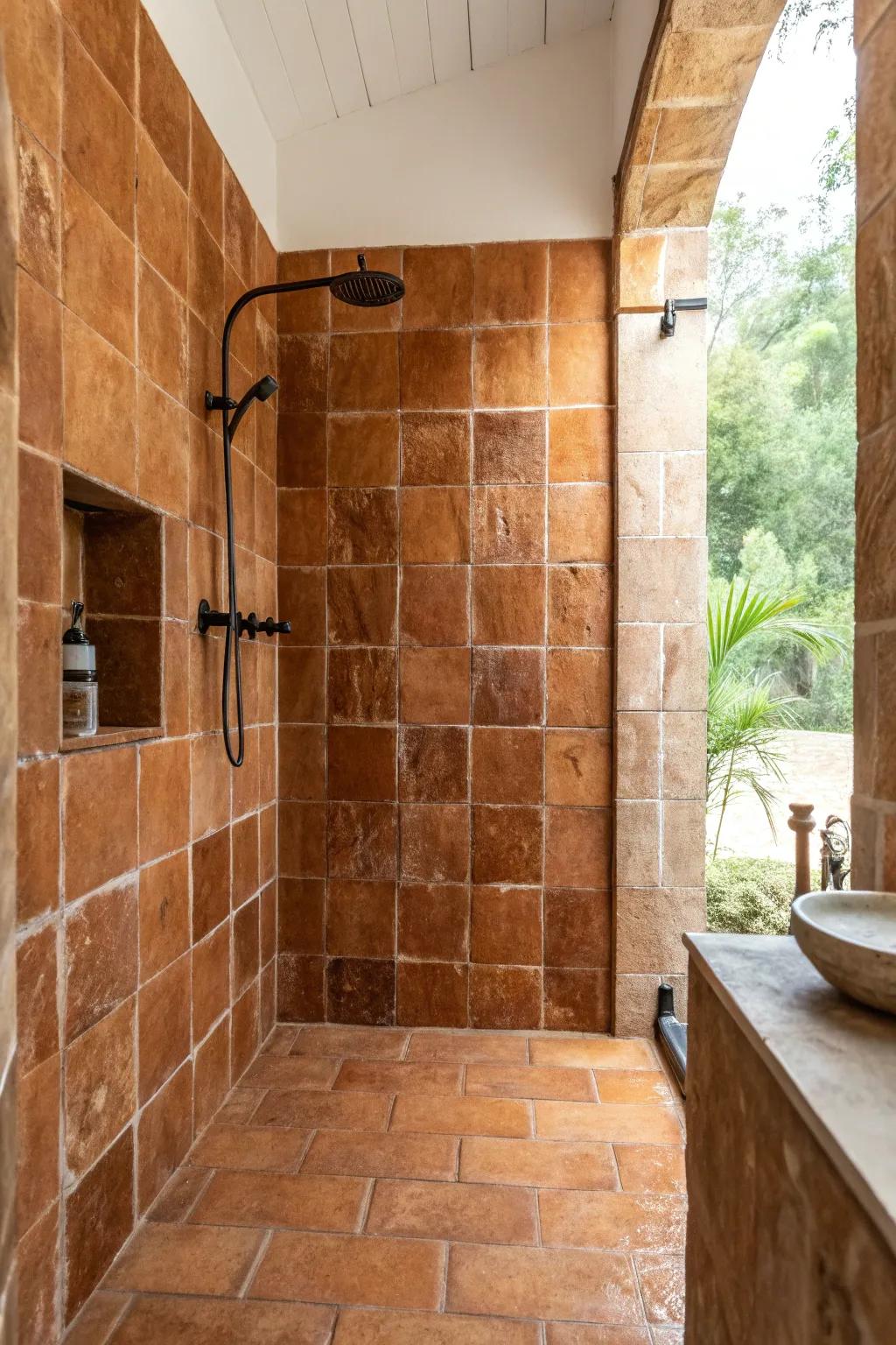 A shower showcasing organic terracotta tiling for a warm, rustic feel.