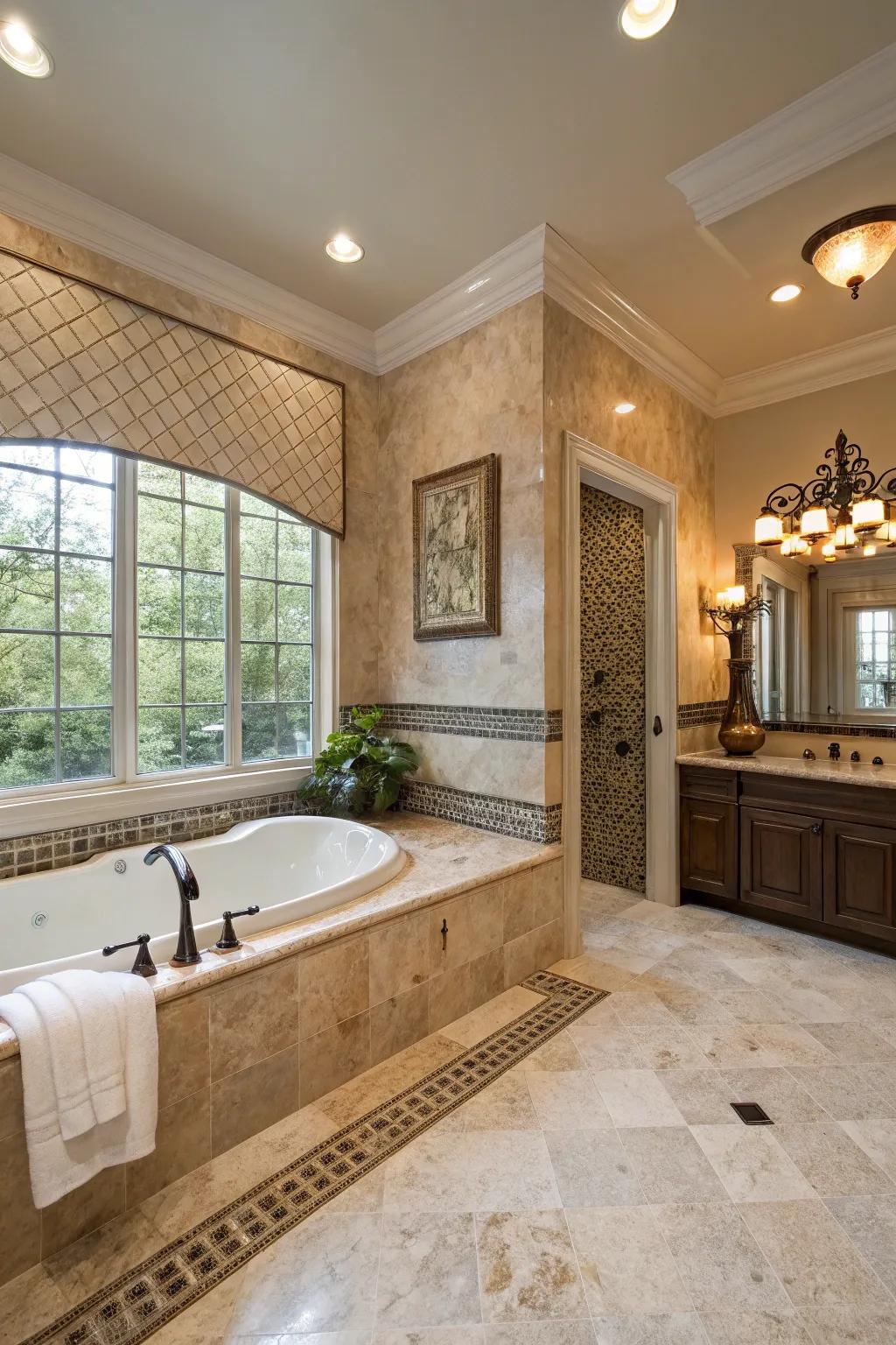 A mix of textures brings depth and intrigue to the bathroom design.