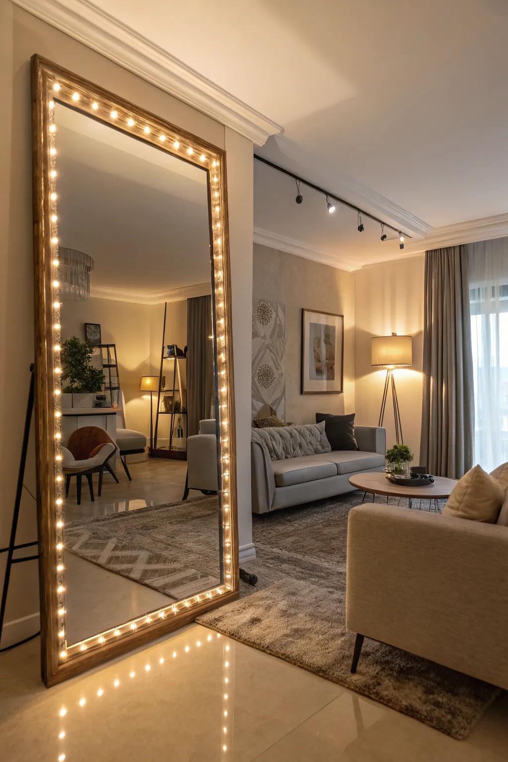 Illuminated mirrors contribute modern charm and warmth.