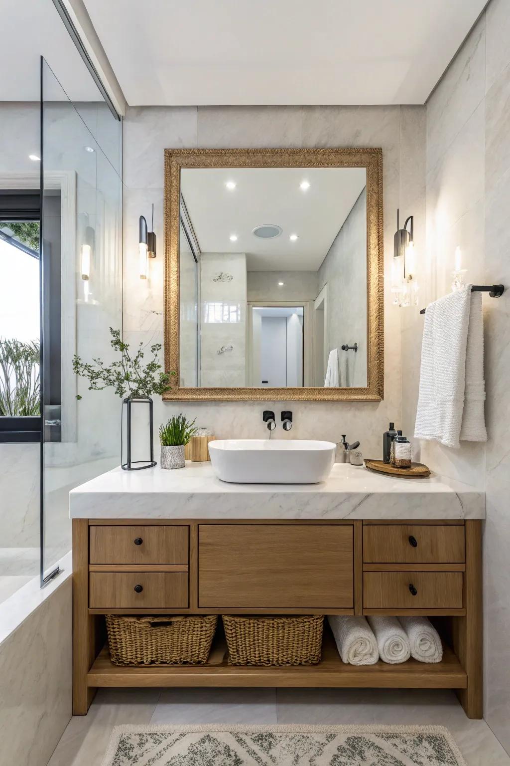 Fashionable reflectors elevate lavatory decor with flair.