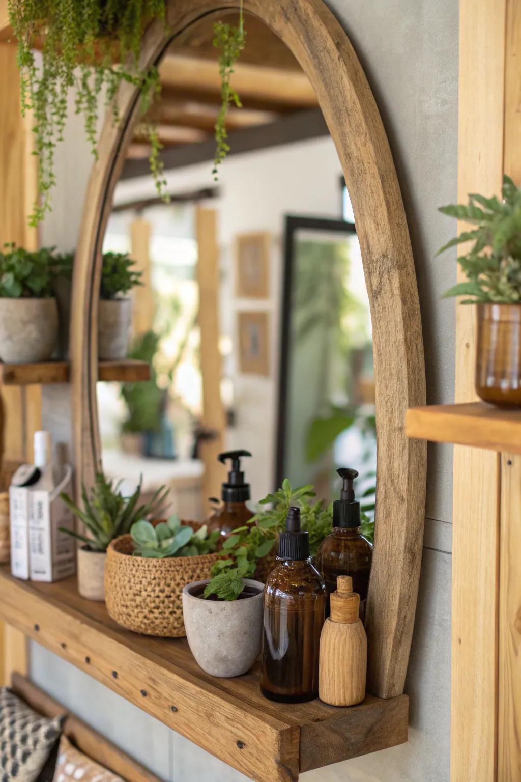 An eco-conscious mirror that has a recovered timber shelf for a touch of sustainability.