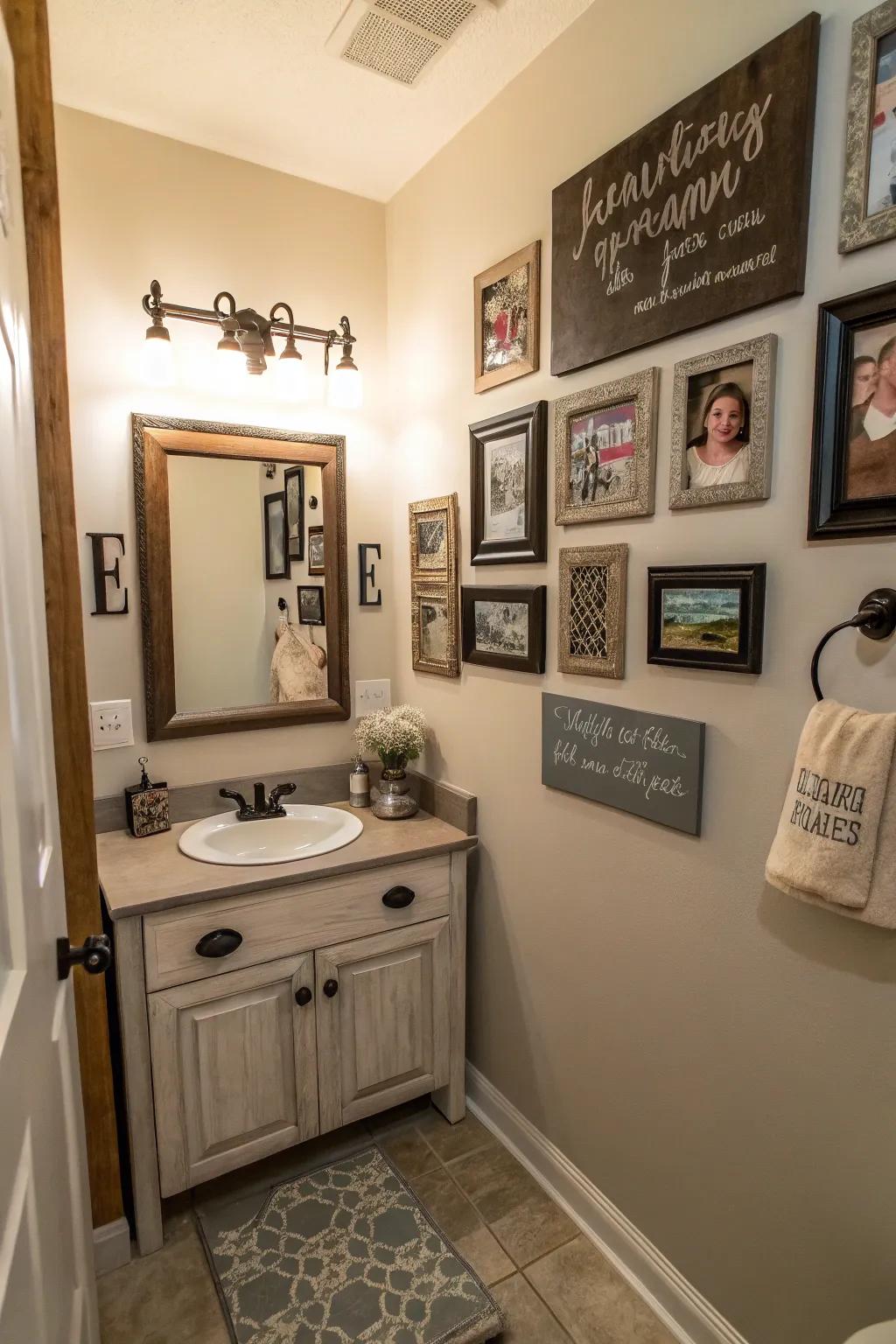 Personal photos and customized signs within a washroom.