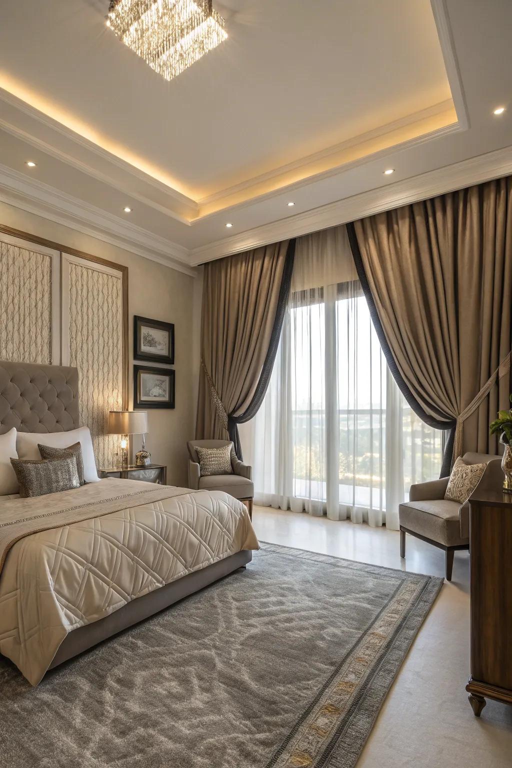 Customized window coverings add a bespoke touch to this bedroom.