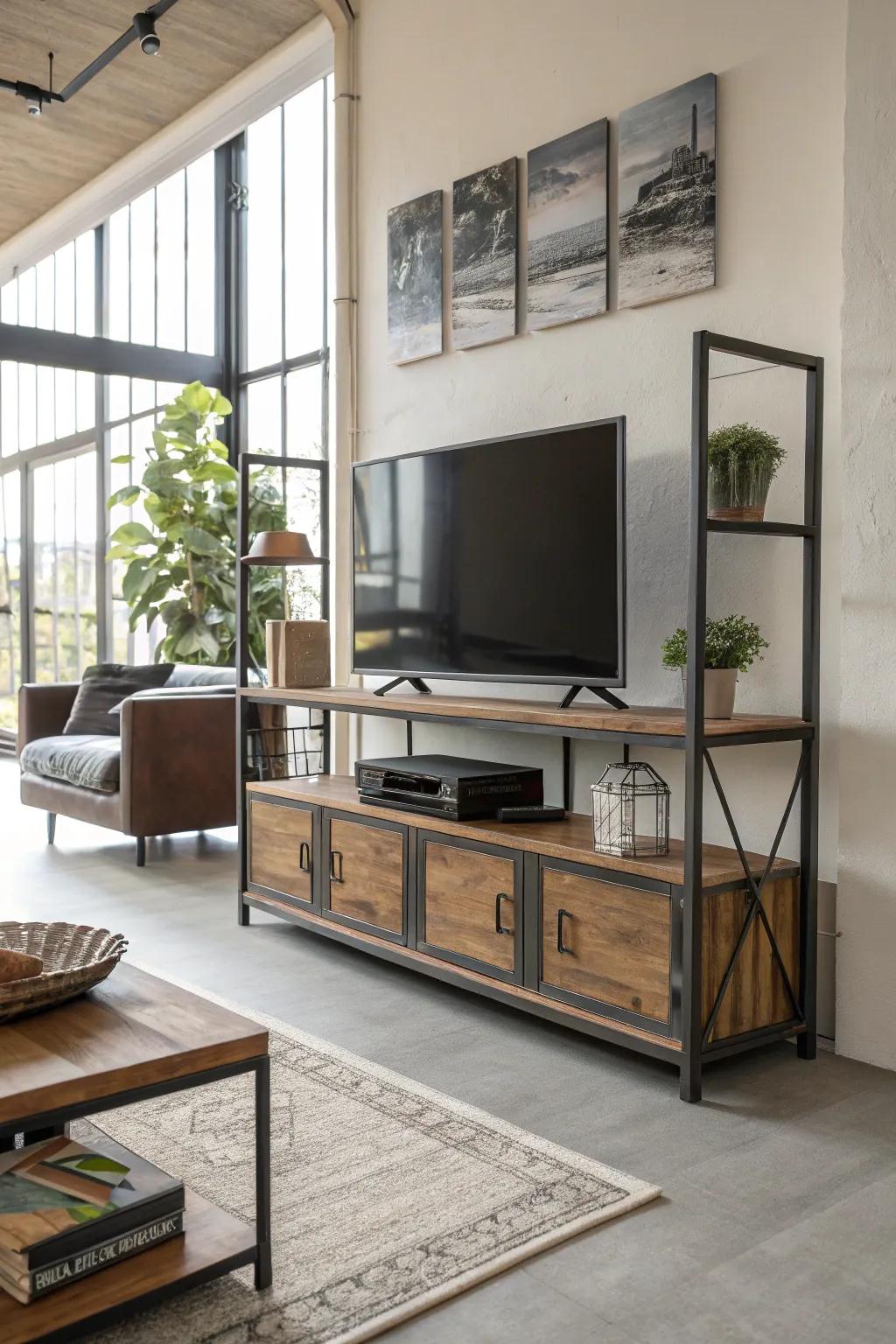 Industrial TV stand adding an edgy touch.