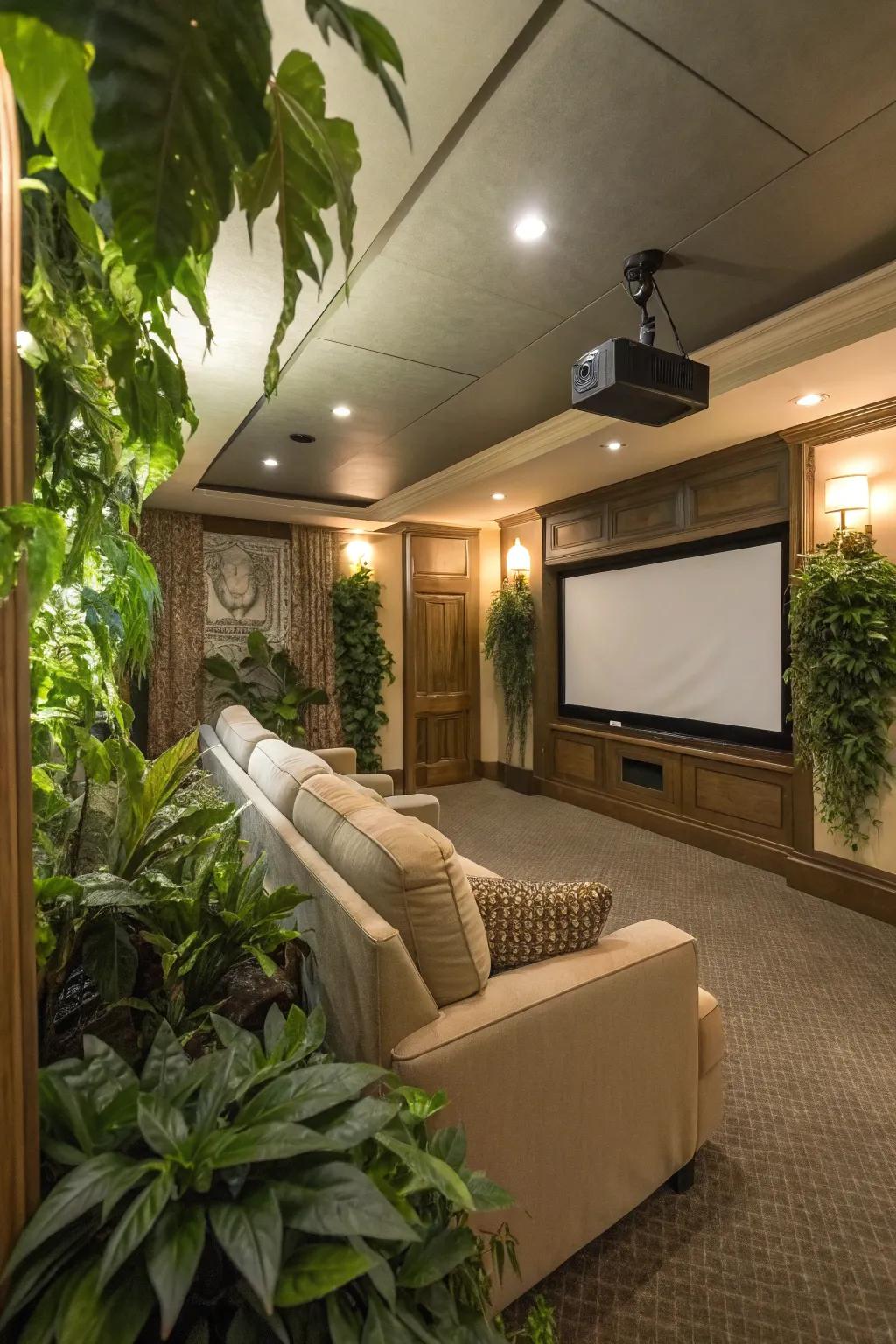 Greenery adds a refreshing touch to your cinema area.