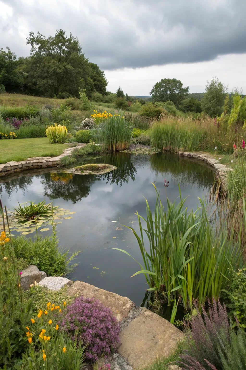 An atypical pond form fashioning visual intrigue and harmony.