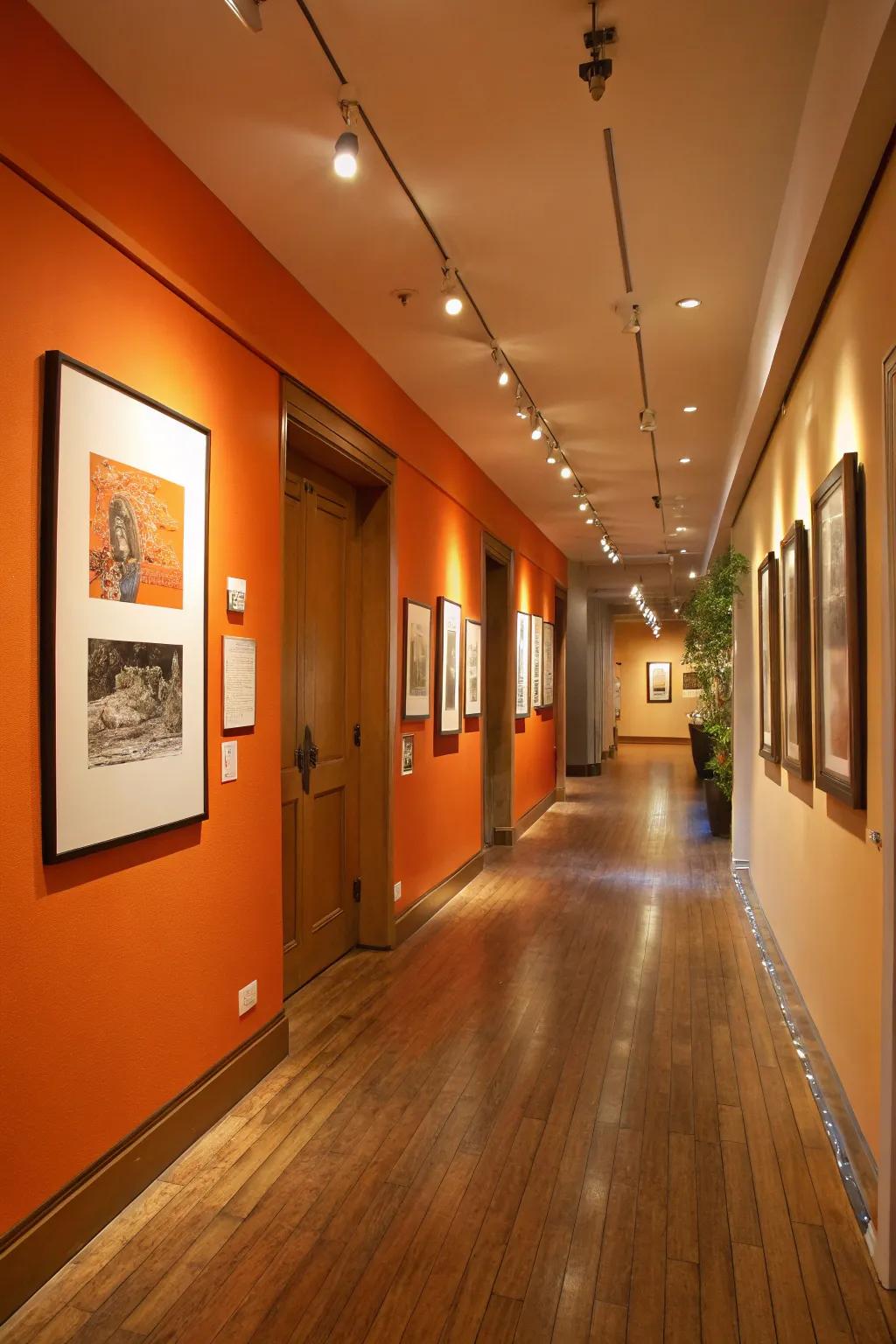 An entryway turned into an artistic haven with a tangerine-themed gallery wall.