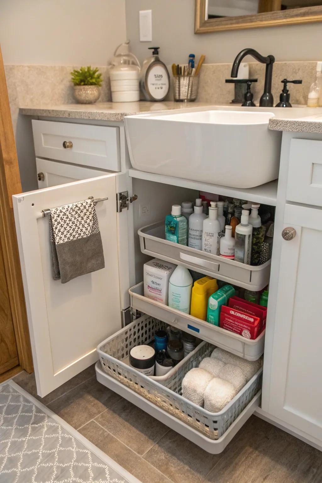 Repurposed kitchen organizers offer creative storage solutions.