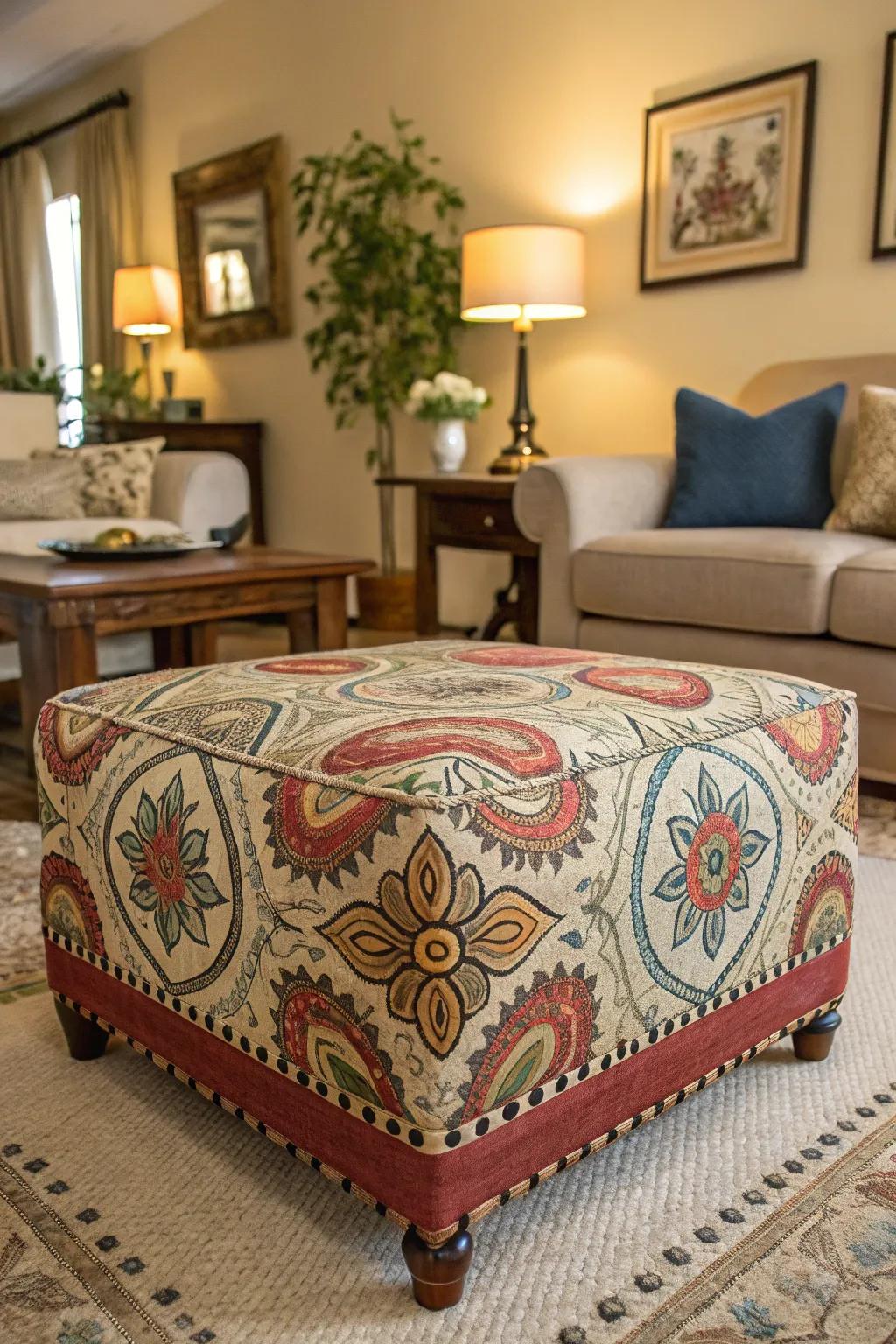 An ottoman with a unique artistic pattern serves as a bold statement piece.