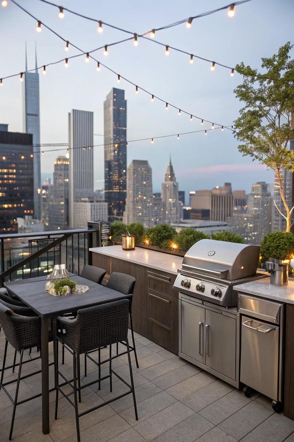 A rooftop grill station for a unique urban grilling experience.