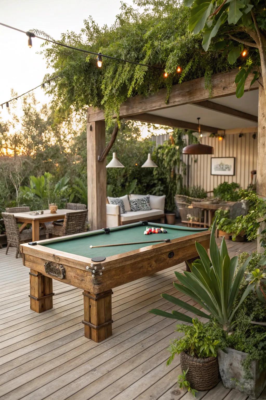 An eco-conscious snooker table area with reclaimed wood and natural decor.