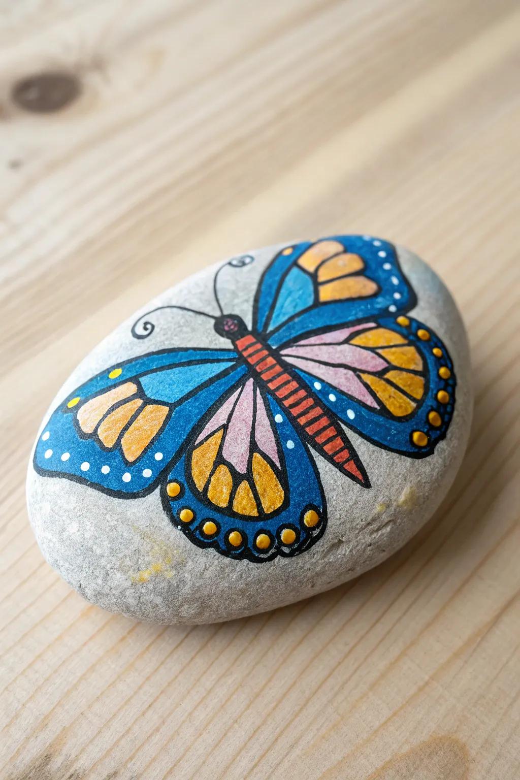 Add a splash of whimsy to your decor with this intricately painted butterfly rock.