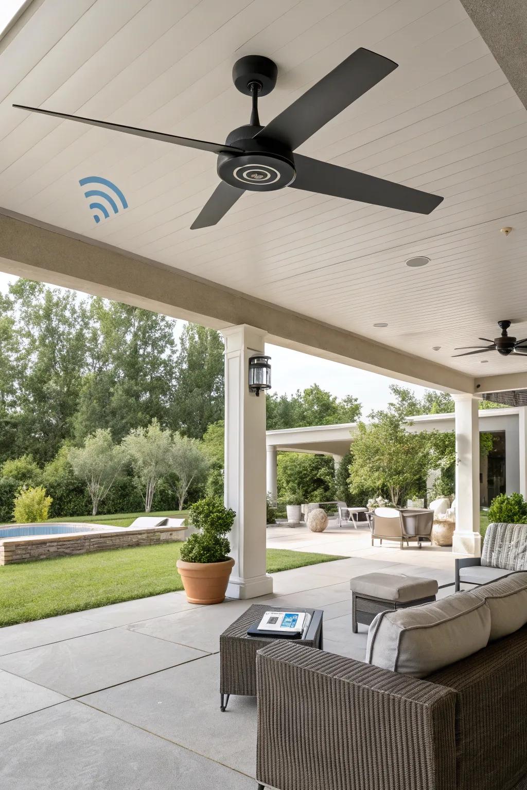 A modern patio with a high-tech smart ceiling fan.