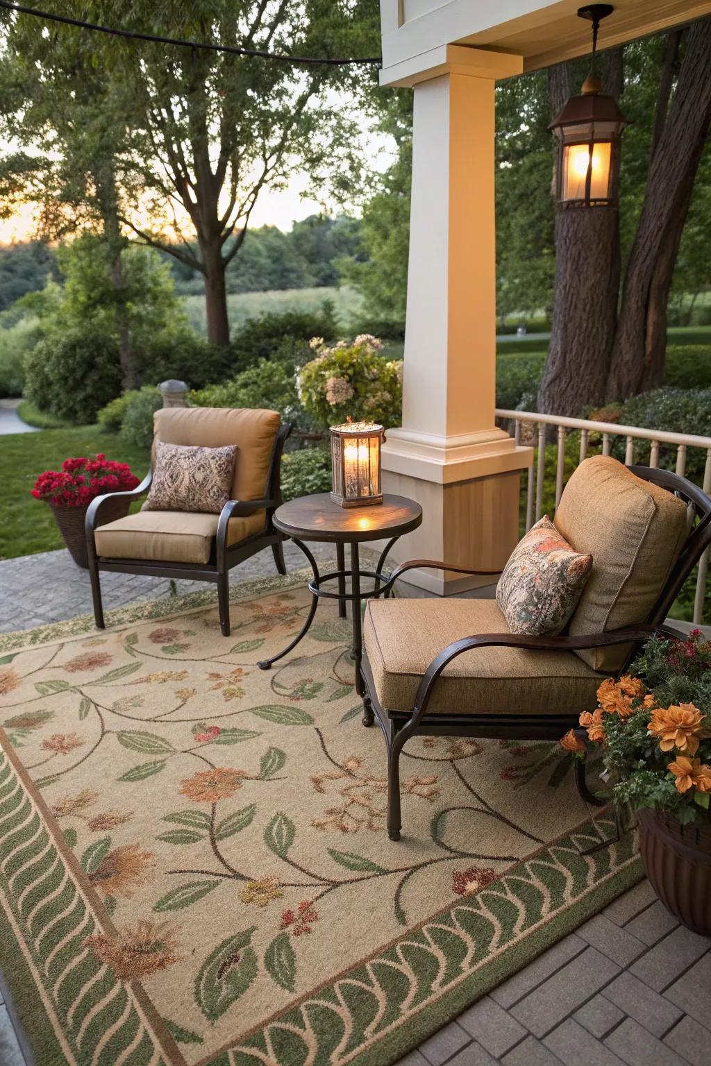 Channel indoor coziness outdoors with an exterior carpet.