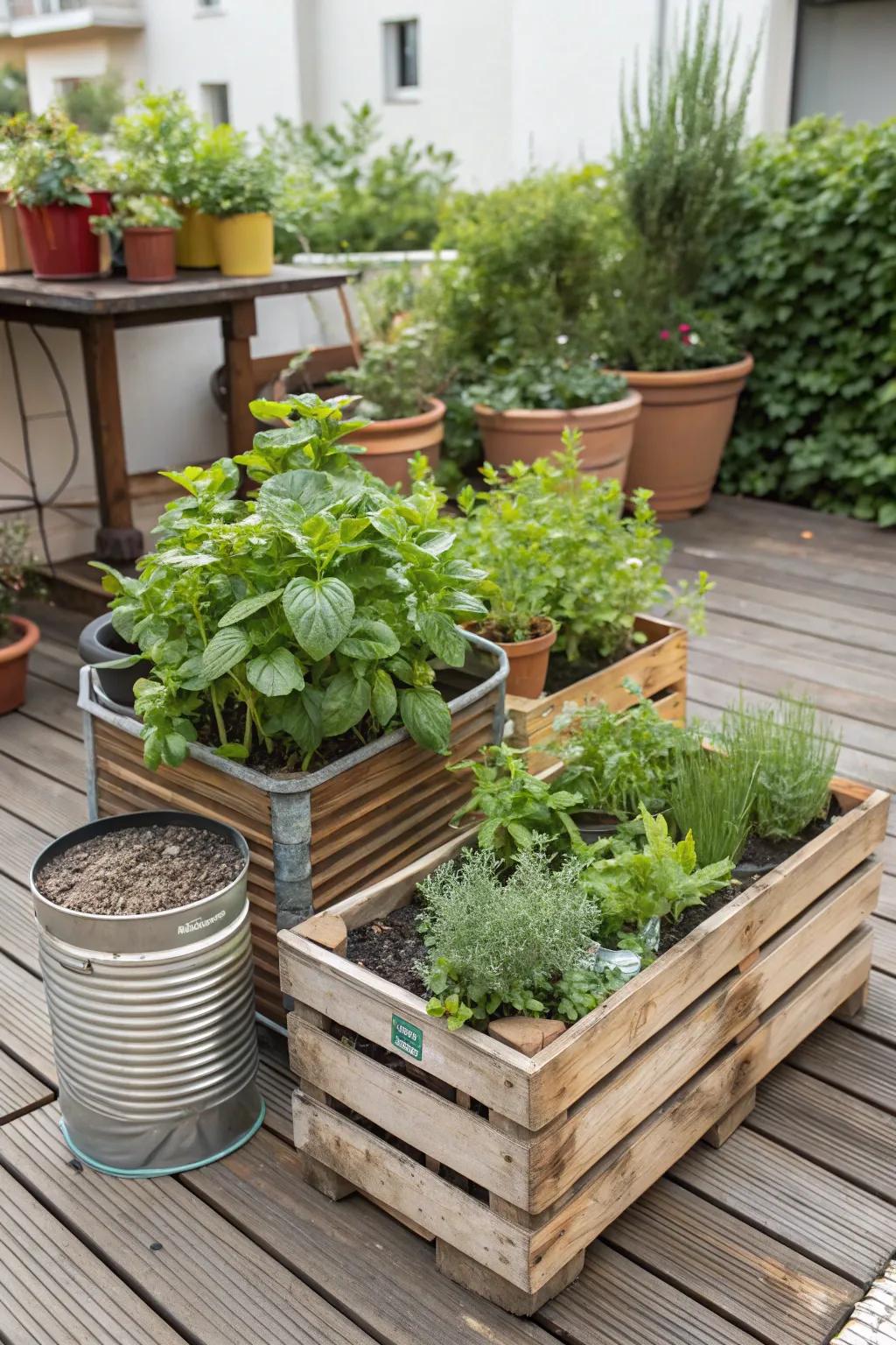 Herb display utilizing reclaimed resources.