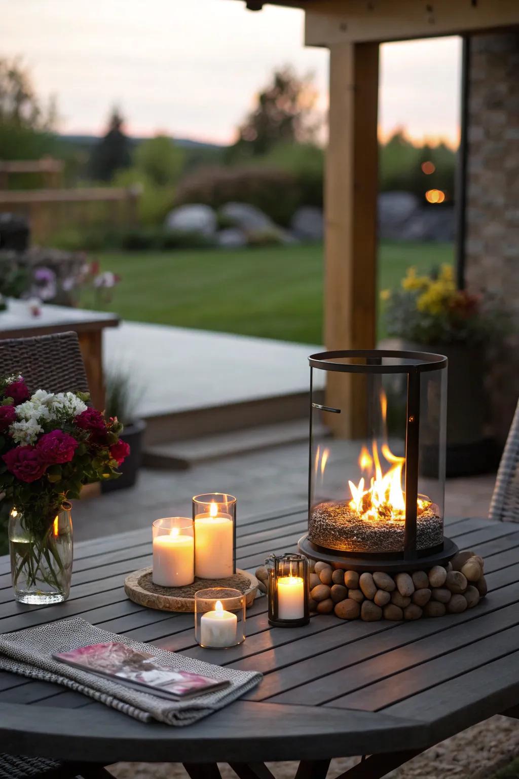 A tabletop hearth appends warmth and a hint of luxury to snug evenings.