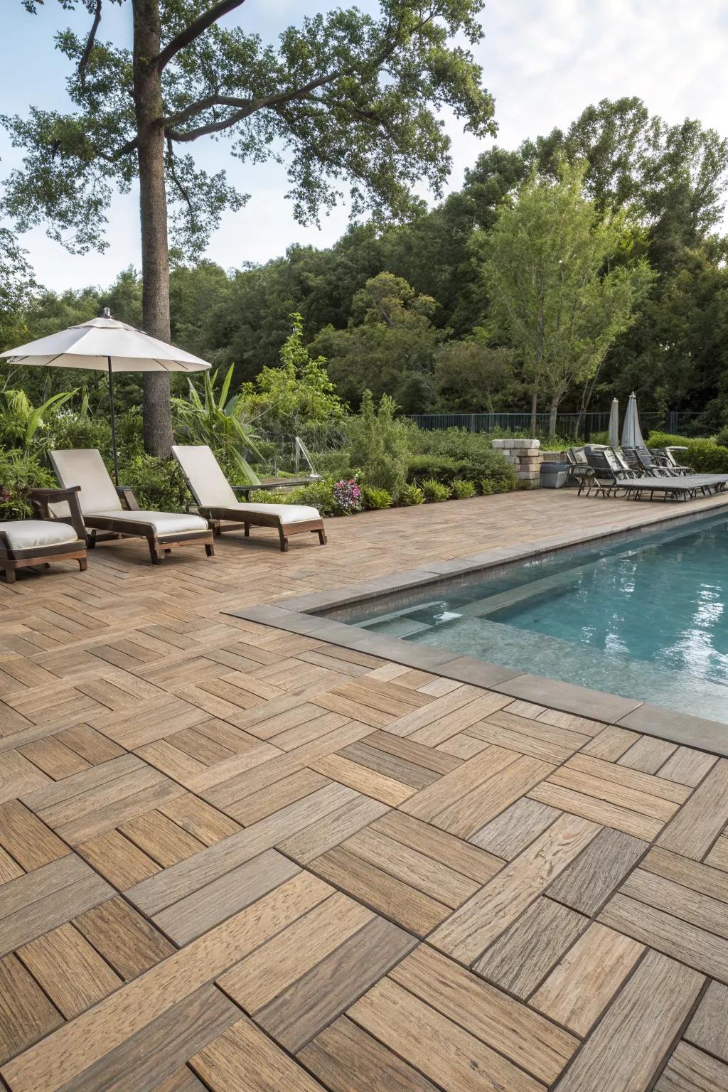 Wood-styled paving combines warmth and sturdiness beautifully.