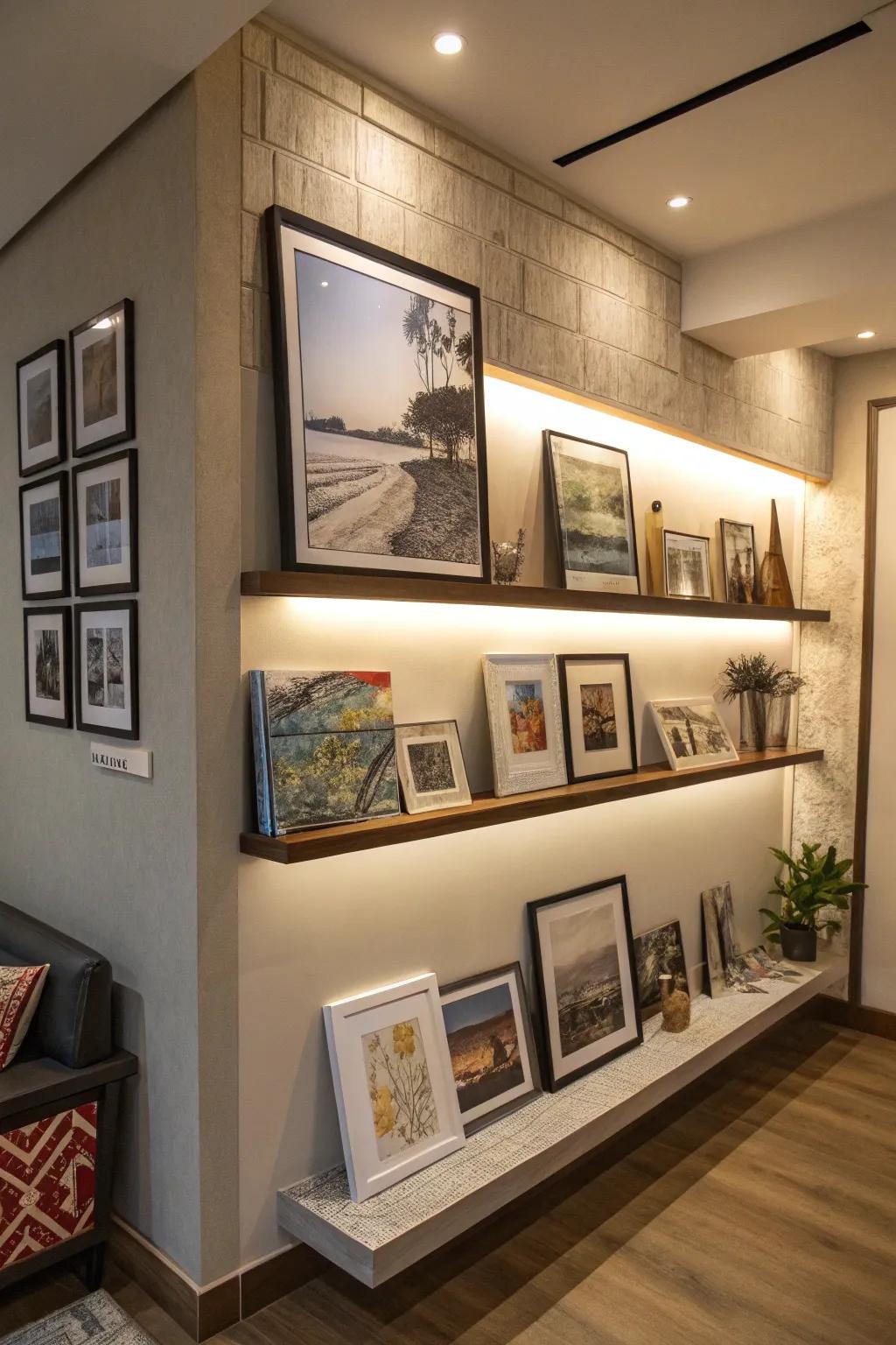 An unforeseen corner display ledge turns into an artistic focal point.