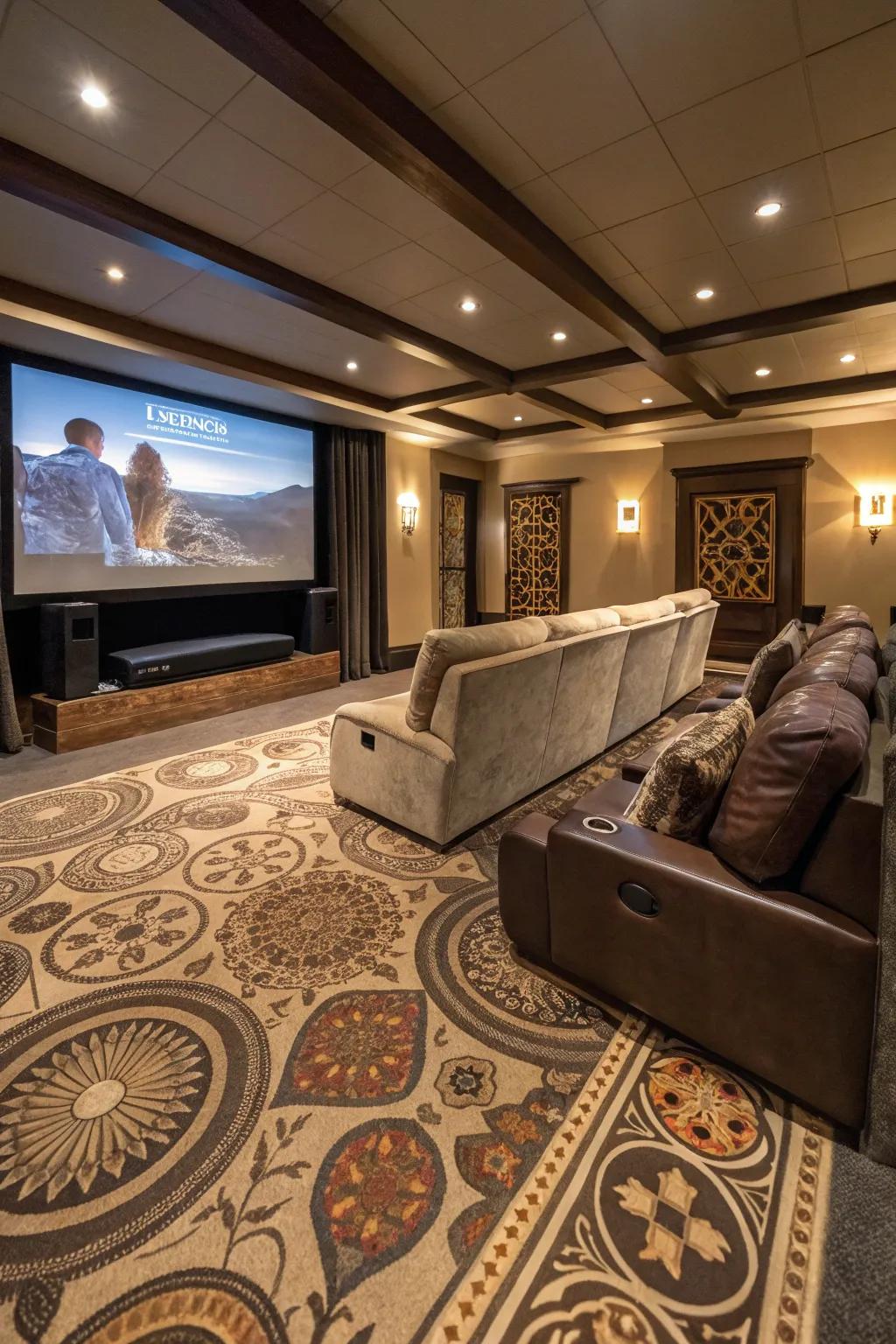 Innovative flooring inlays make home theaters feel special.