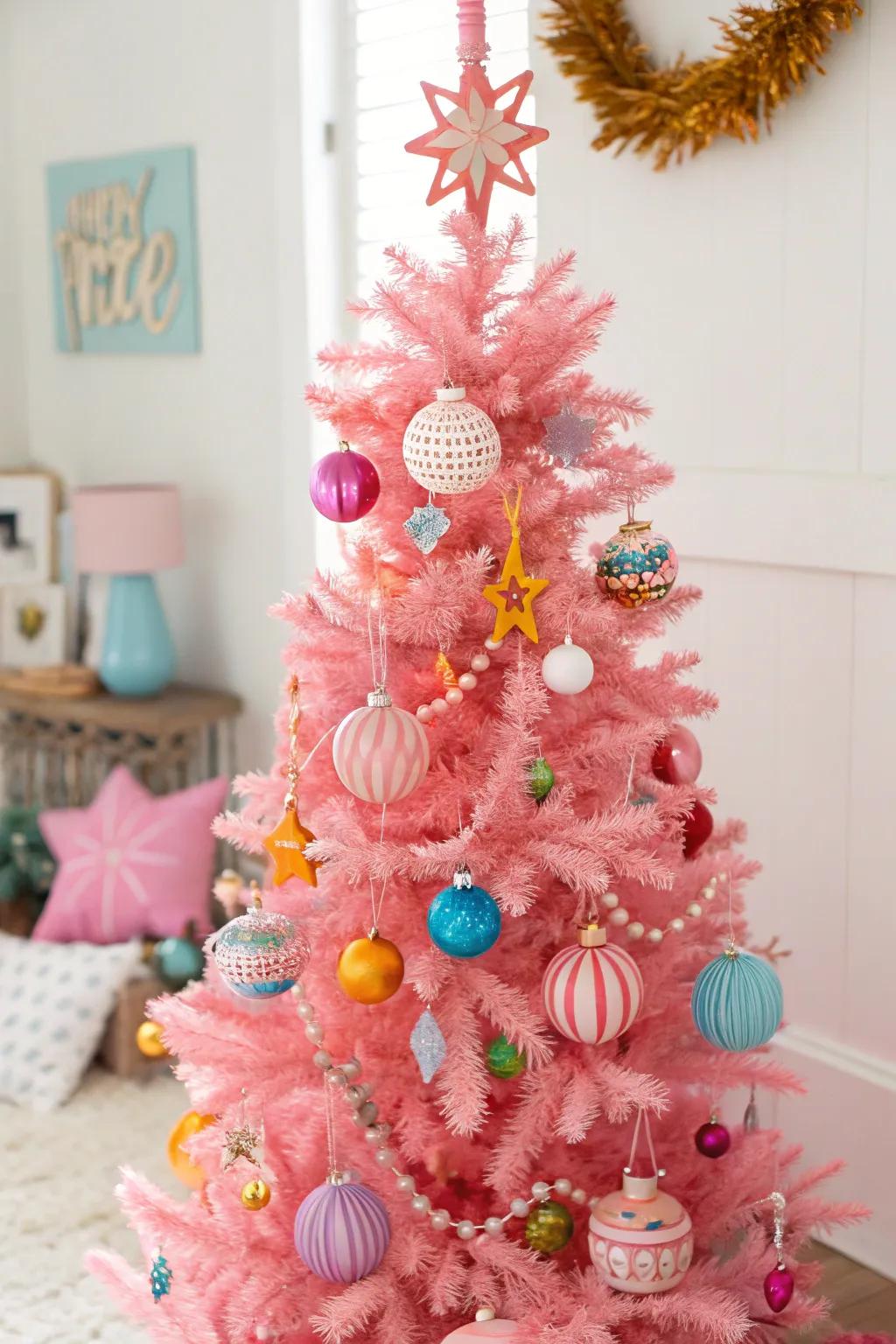 DIY ornaments introduce a personal highlight to this charming rose fir.