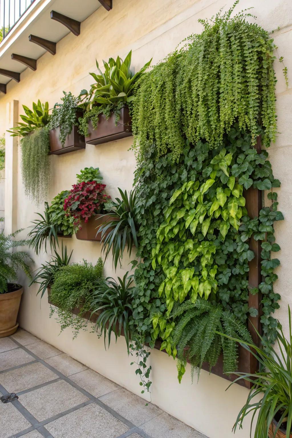 Wall-mounted plants form a living art display.