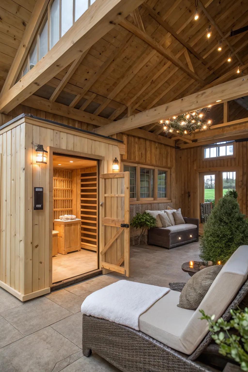 A spa-like sanctuary inside a pole barn featuring a sauna and relaxation area.