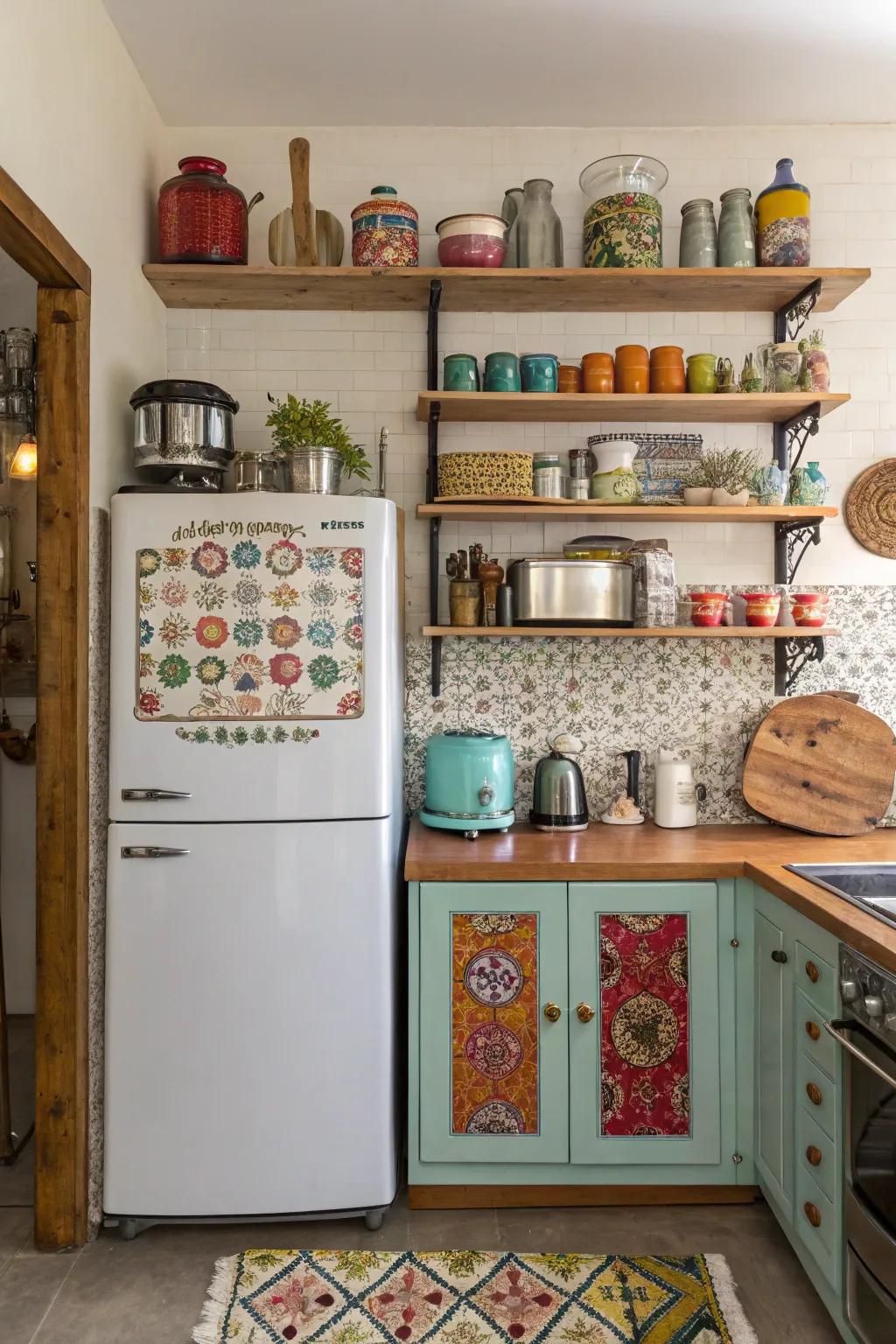 An assorted combination of styles surrounding the refrigerator adds energy and personality to the kitchen.