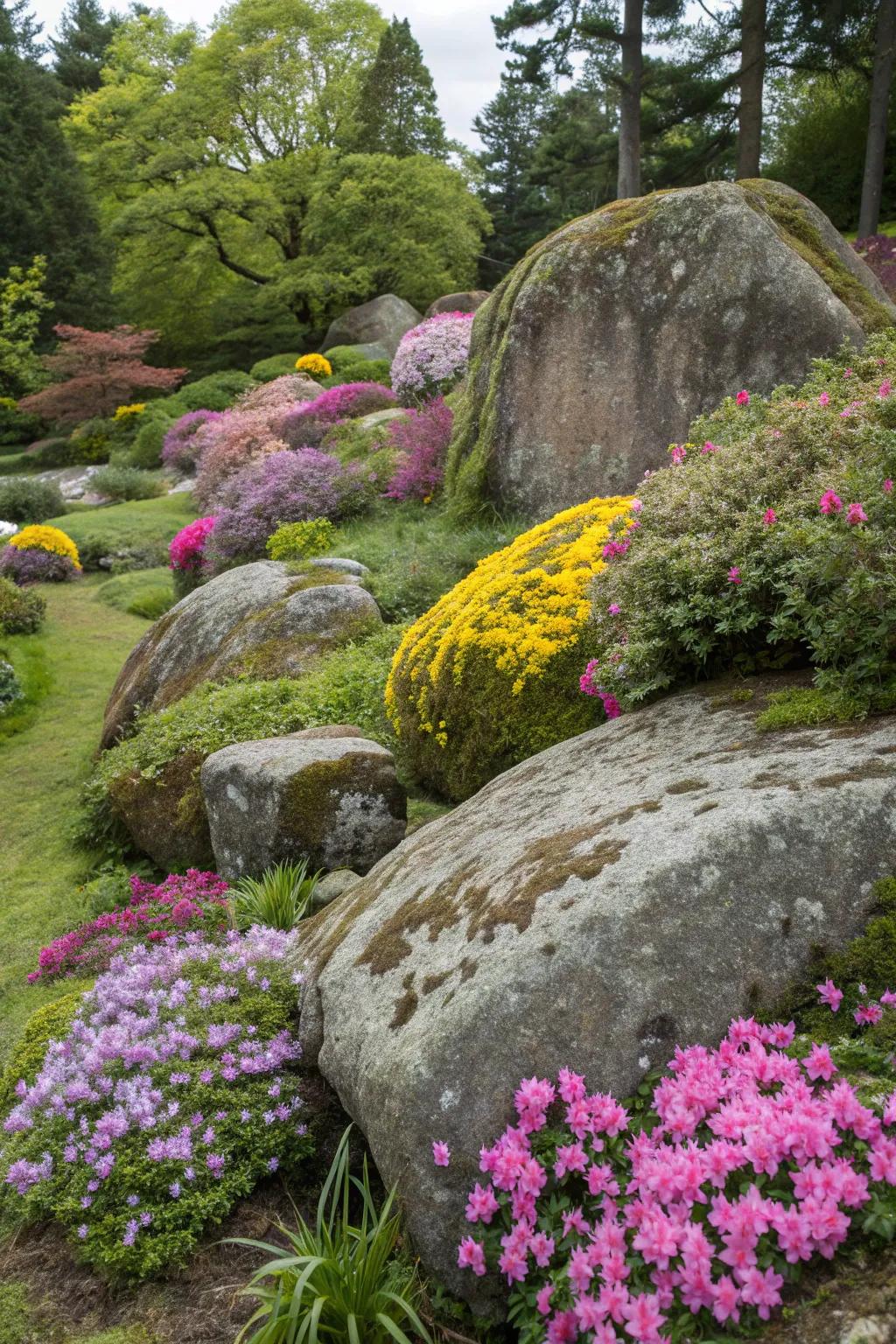Season-specific flowers bordering stones conceive a dynamic landscape.