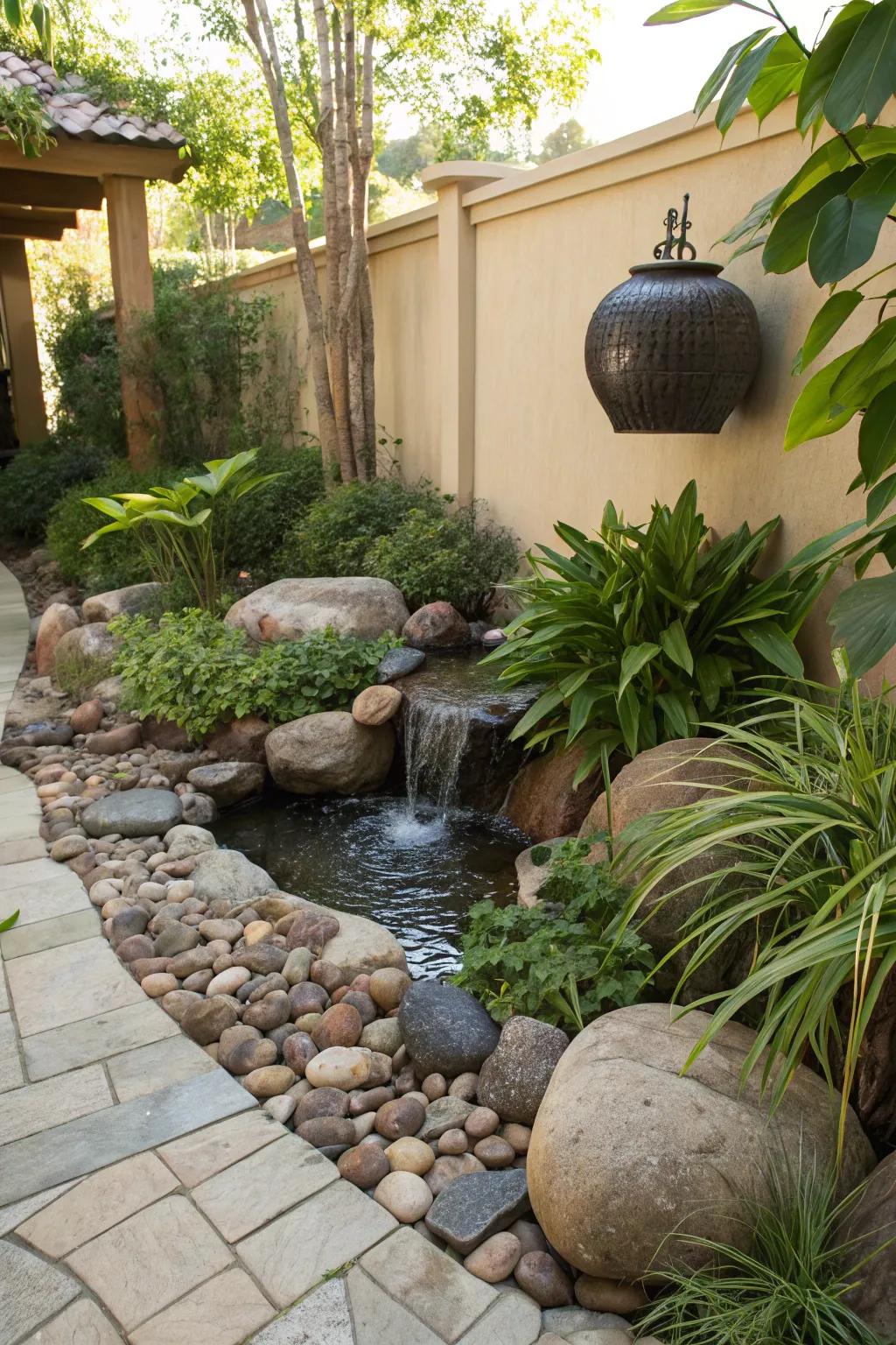A river stone sanctuary transforms this confined space into a lush, tranquil retreat.