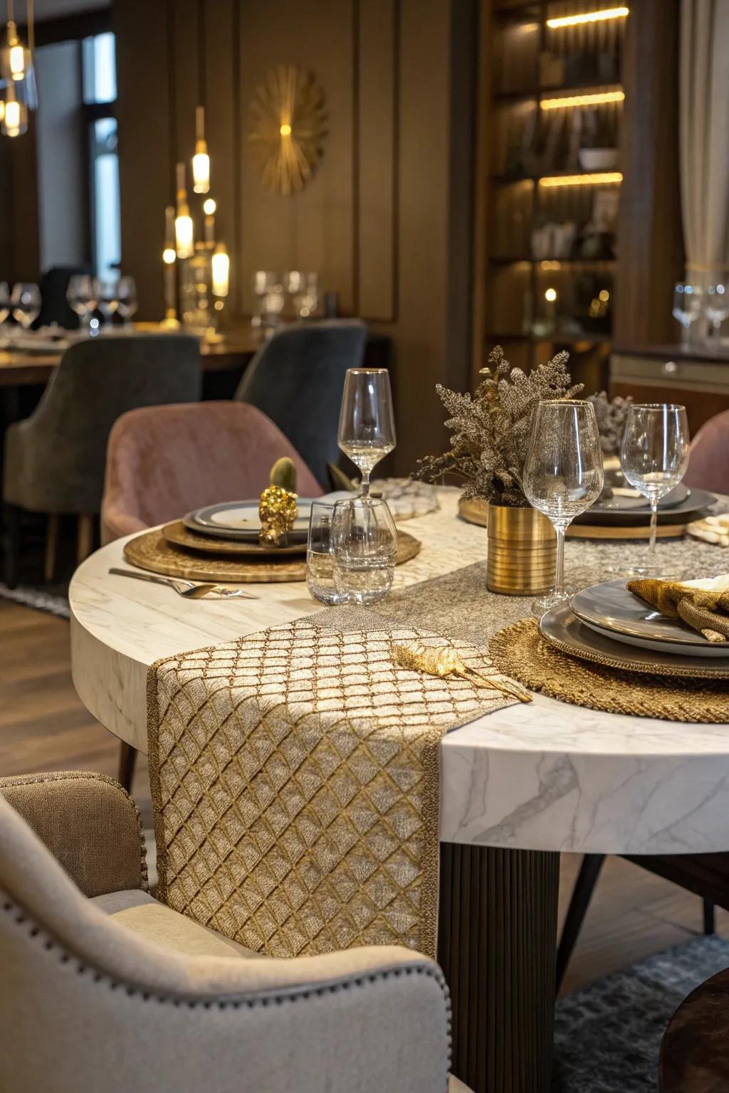 Textured woven fabrics add dimension and warmth to your table.