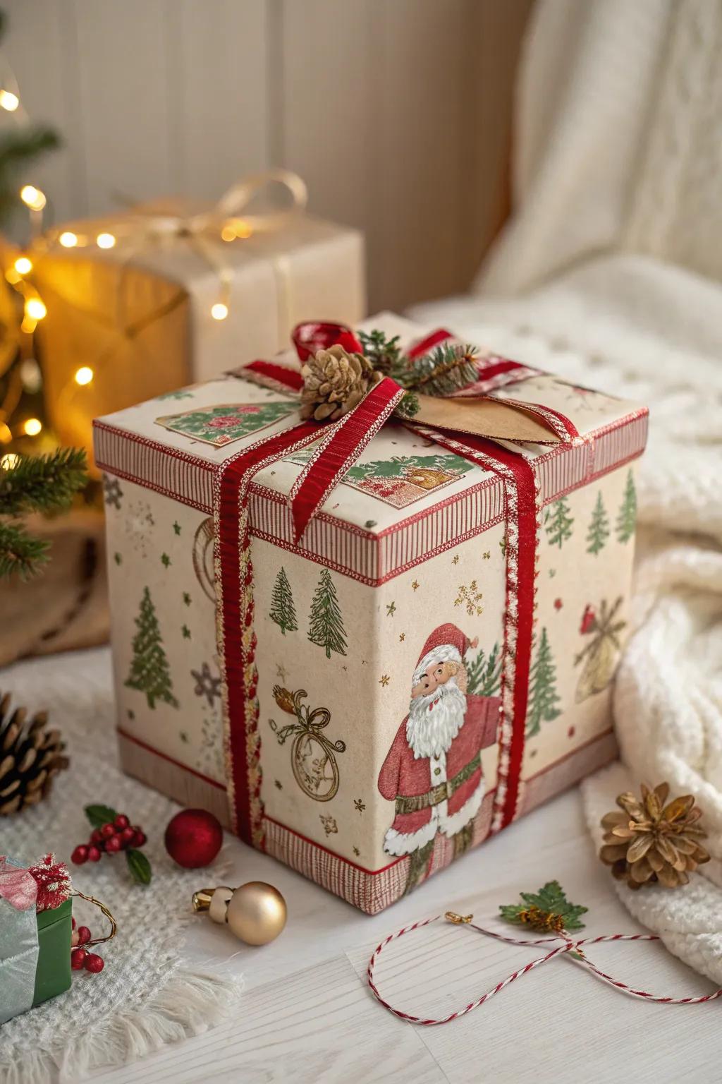 Vintage details add timeless charm to Santa containers.