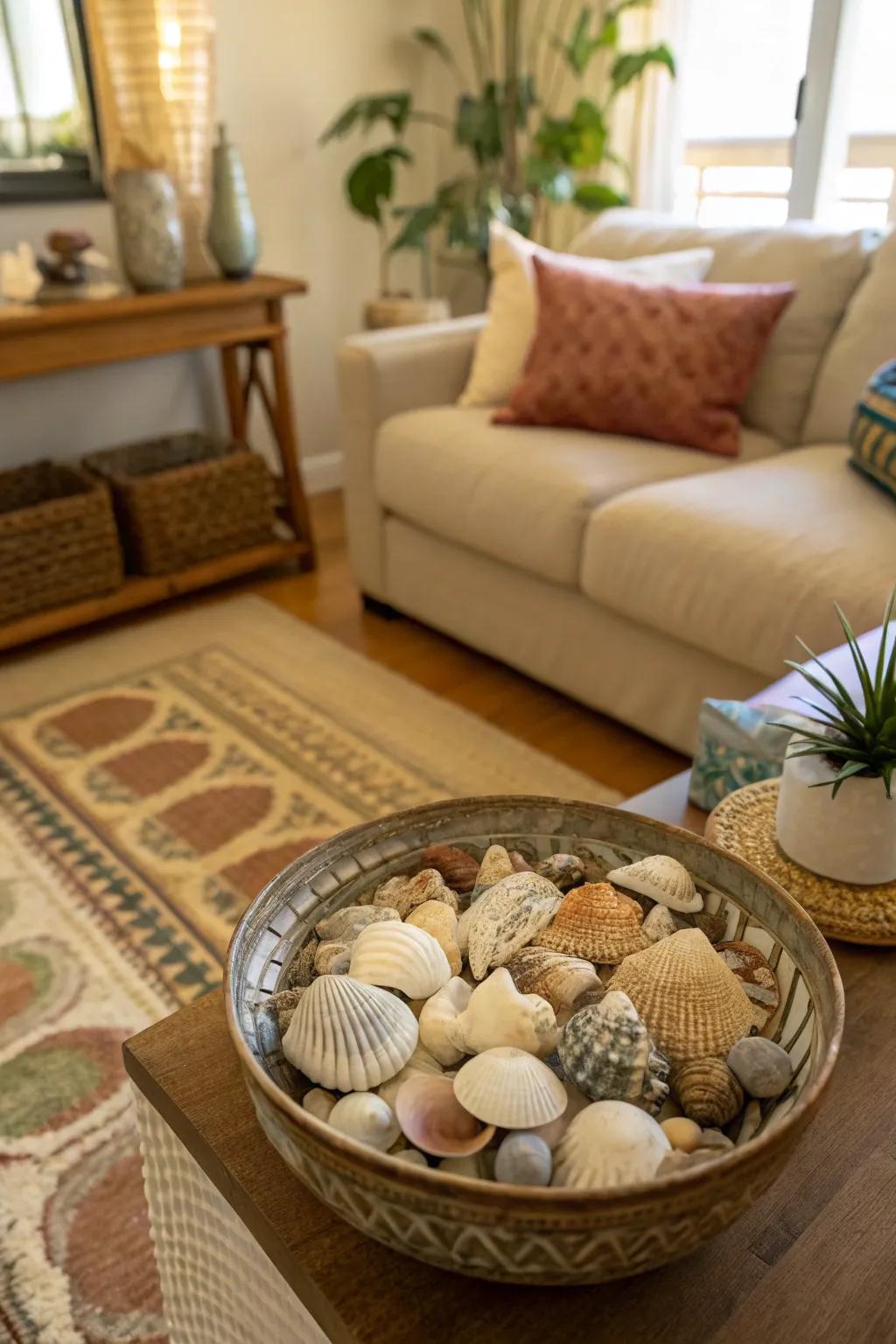 A bowl of seashells furnishes a straightforward and inviting exhibit for any chamber.