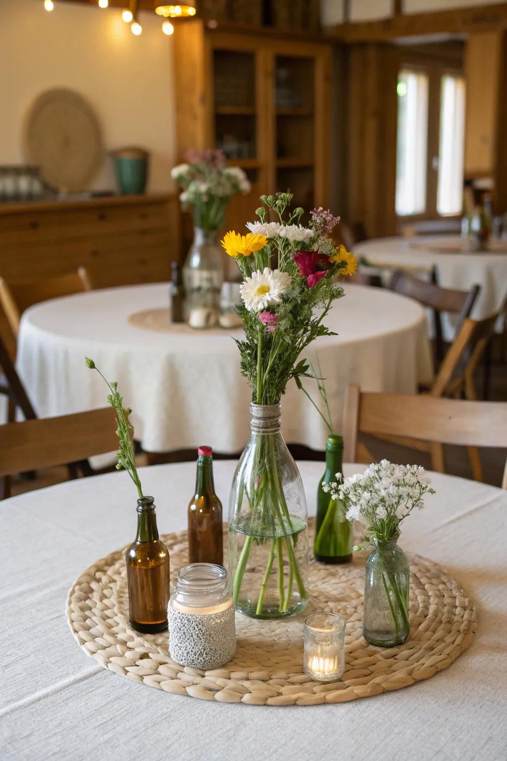 Repurposed crystal bottles create a charming and eco-friendly centerpiece.