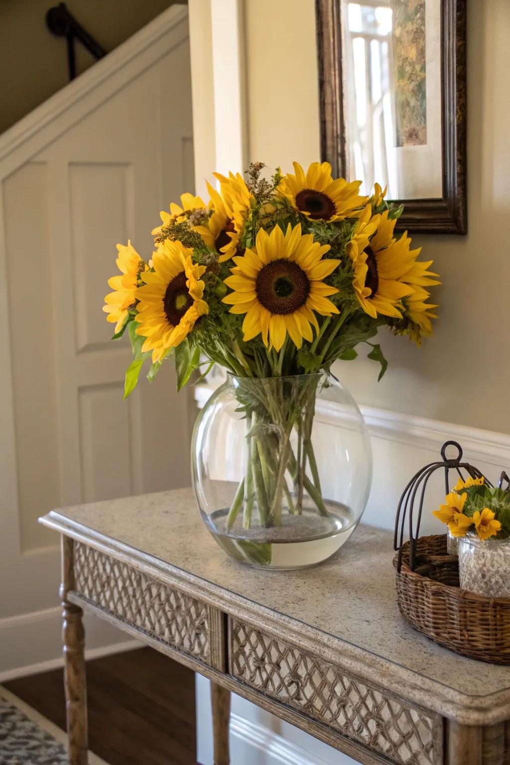 A clear glass basin offers a modern twist to sunflower arrangements.