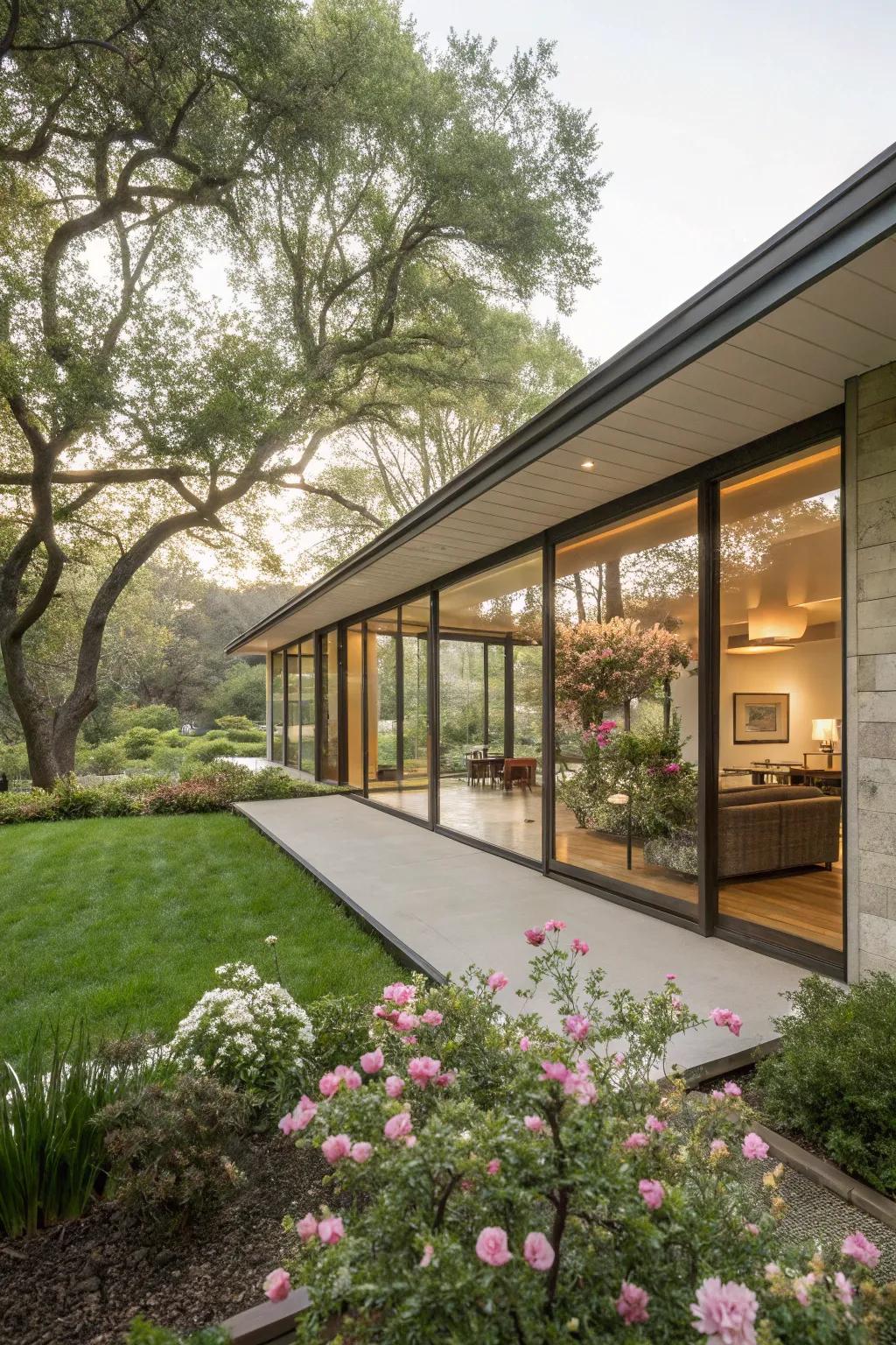 Movable glass walls changing and growing living spaces.