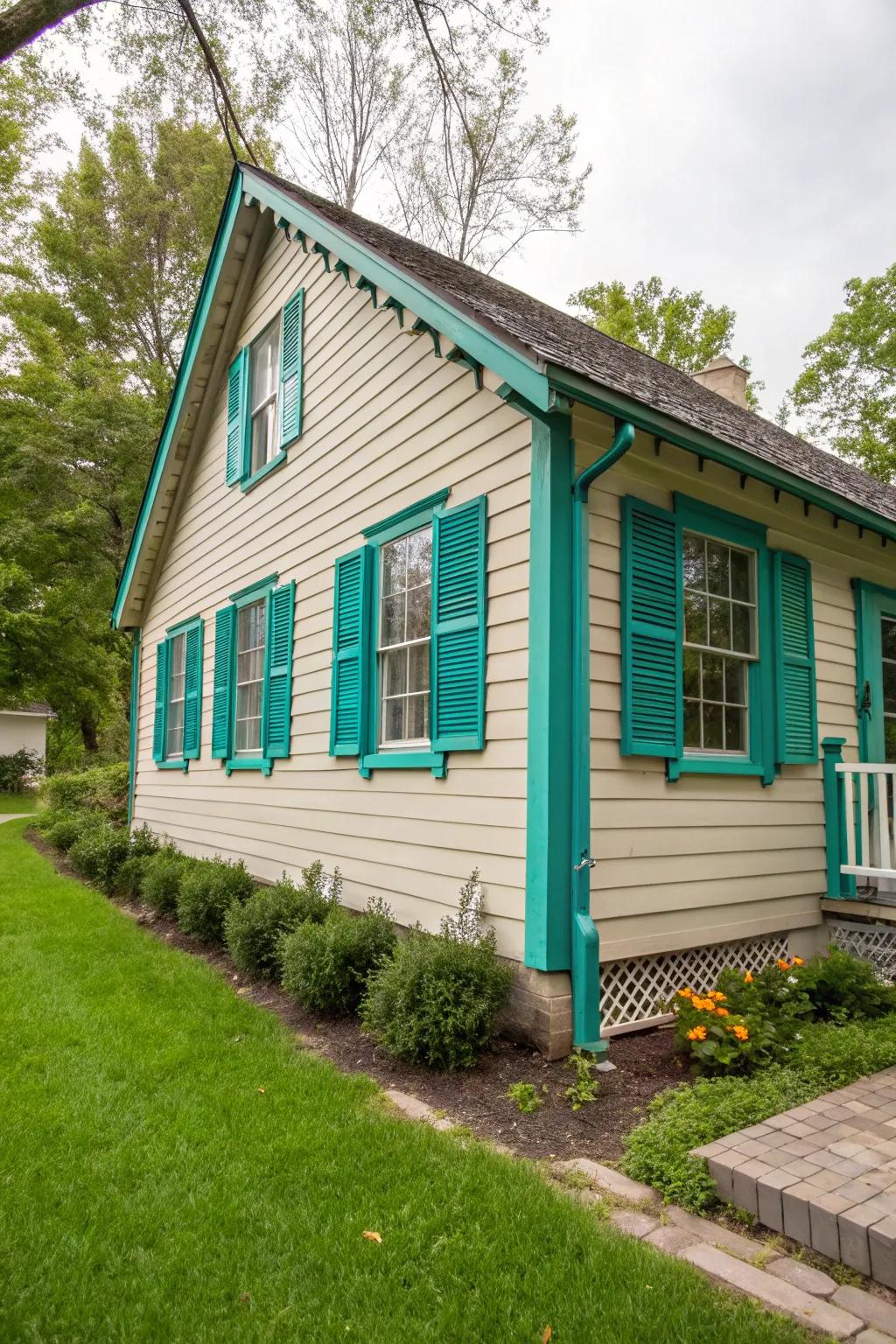 Playful teal shutters introduce a burst of color to this cottage.