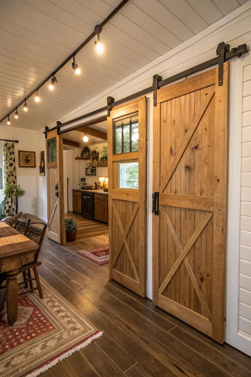 Sliding doors offer a fashionable solution for saving space within the cottage.