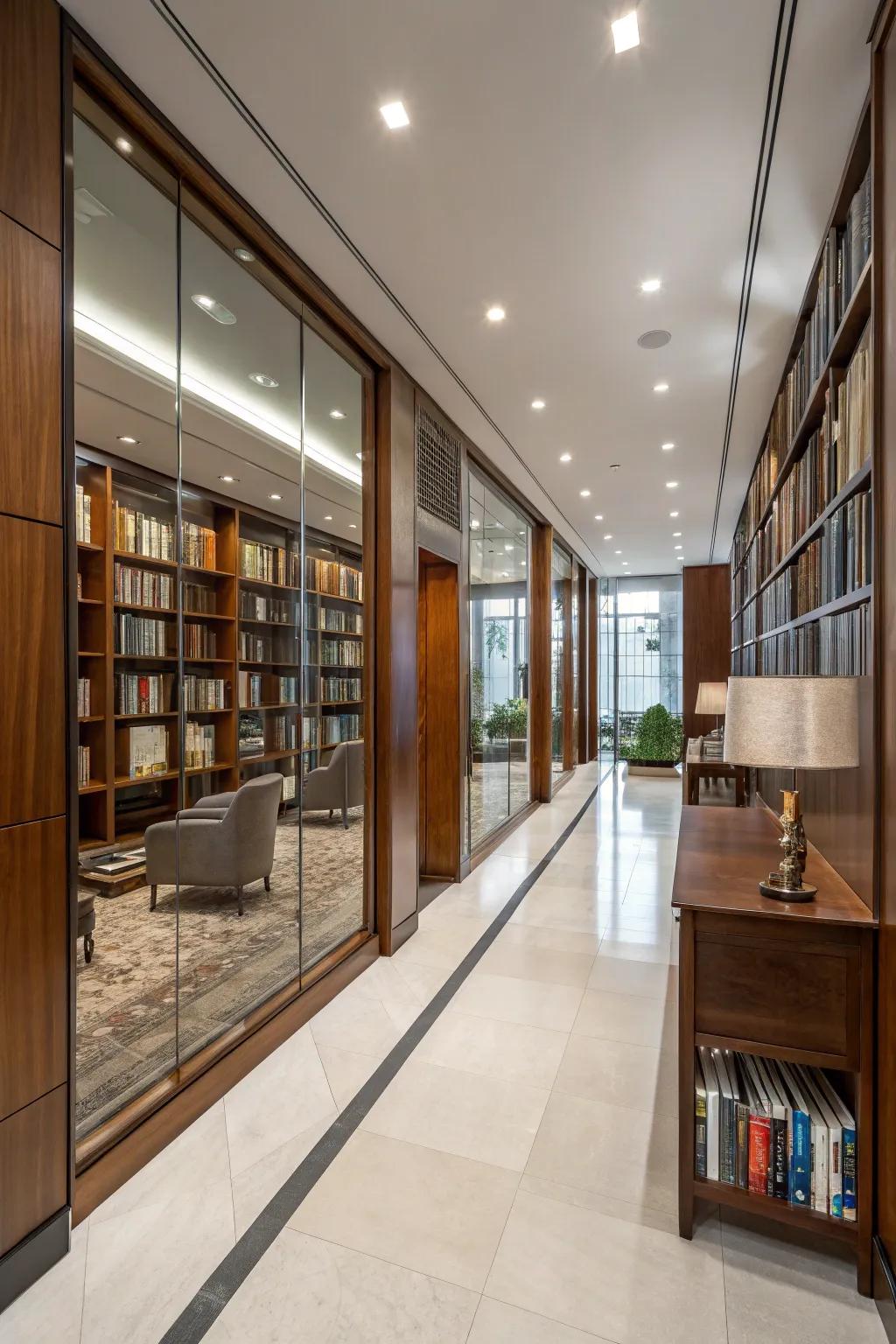 Reflective façades can render a small library feeling more expansive.