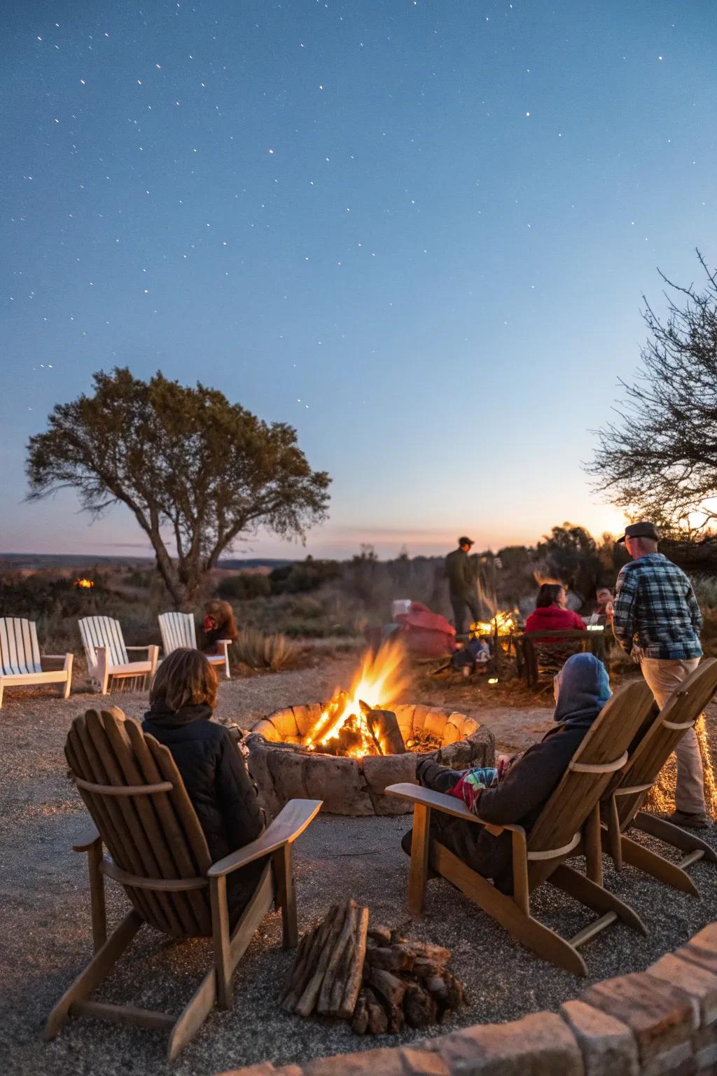 A comfortable bonfire setup featuring chairs and visitors enjoying the warmth.
